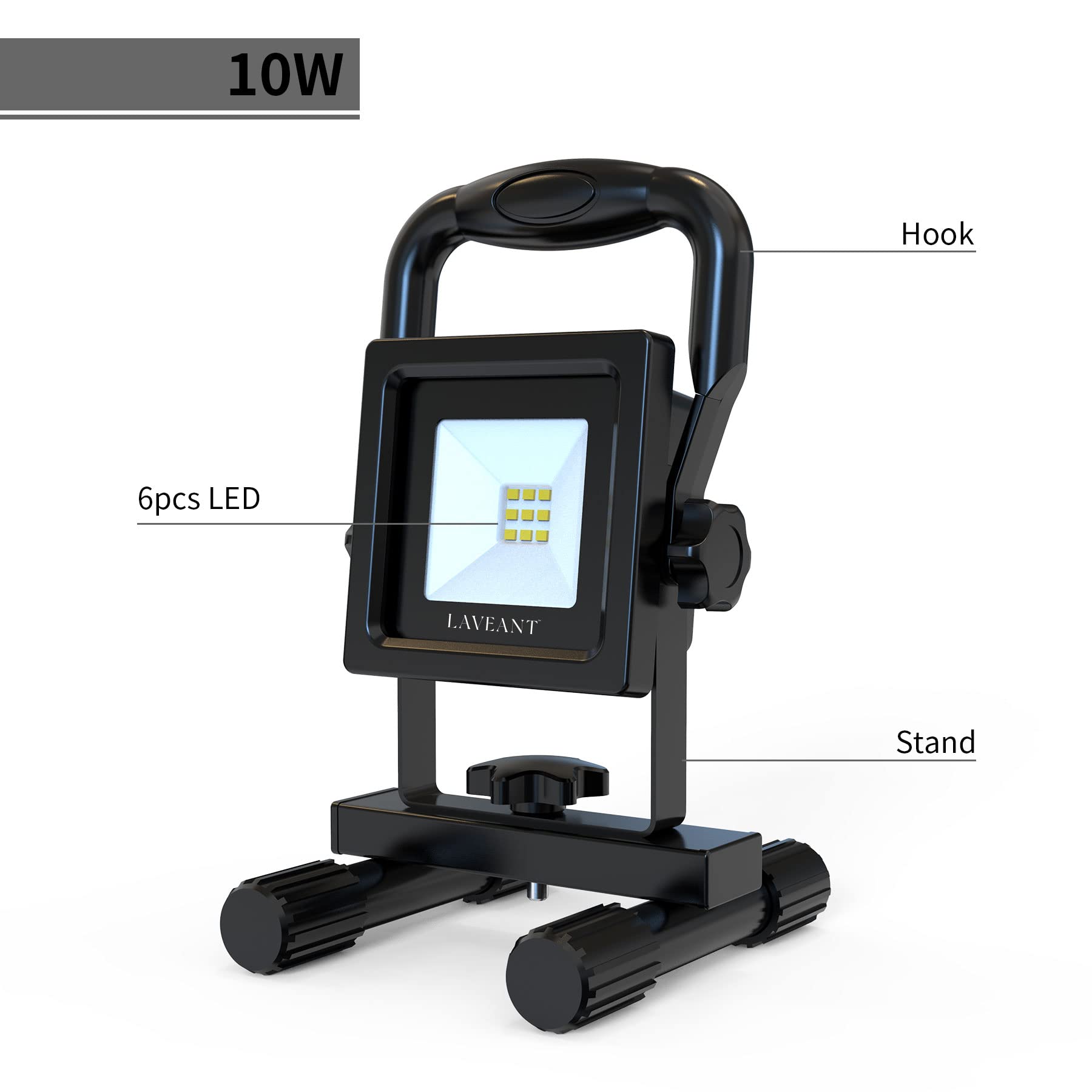 Laveant Rechargeable LED Work Light 10W 600 Lumens Waterproof with Stand, Model EL101, 10W Black