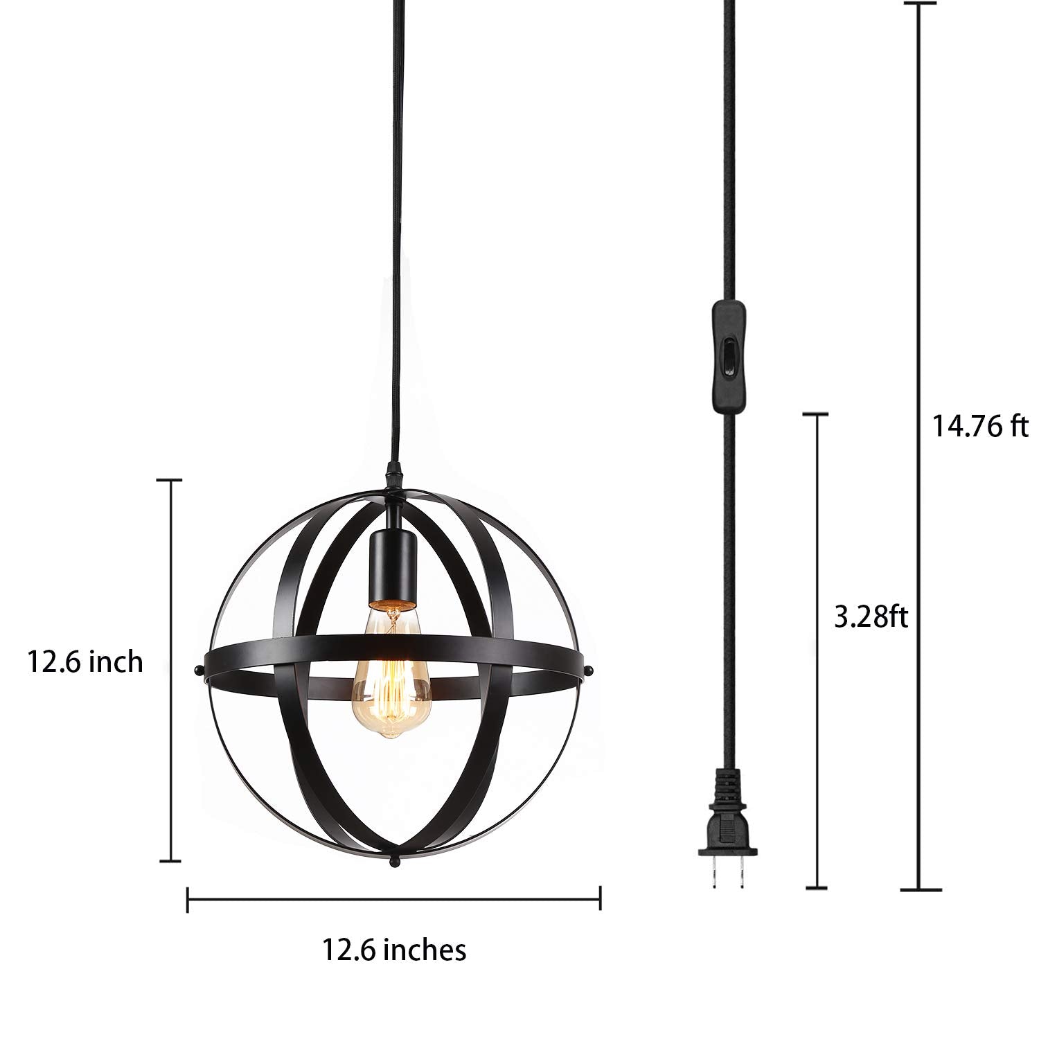 riomasee Industrial Plug-in Chandelier, Metal Globe Light Fixture, Vintage Black, 14.27 ft Cord, Model RM001-21