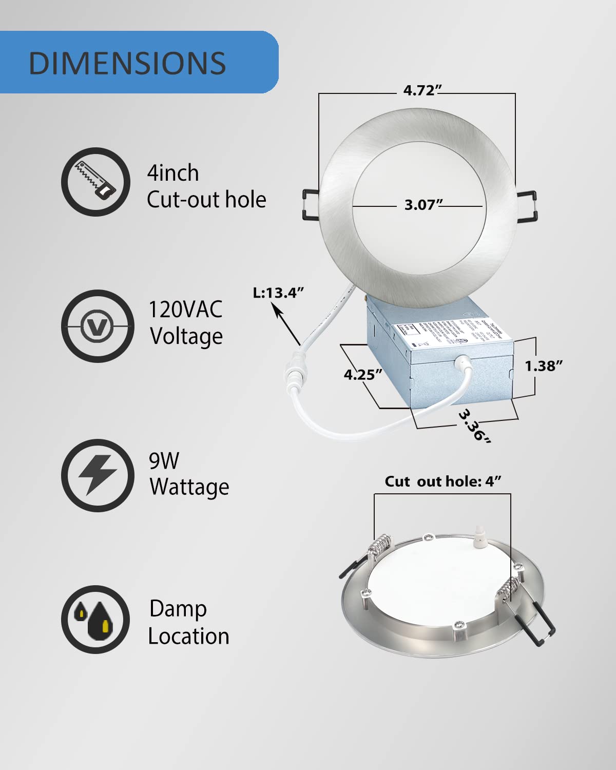 Popanu 4 Inch Led Recessed Light Canless Ceiling Fixture 9W 5Cct 4'' Led Wafer Lights Housing & Trim Kits Dimmable Ultra-Thin Do