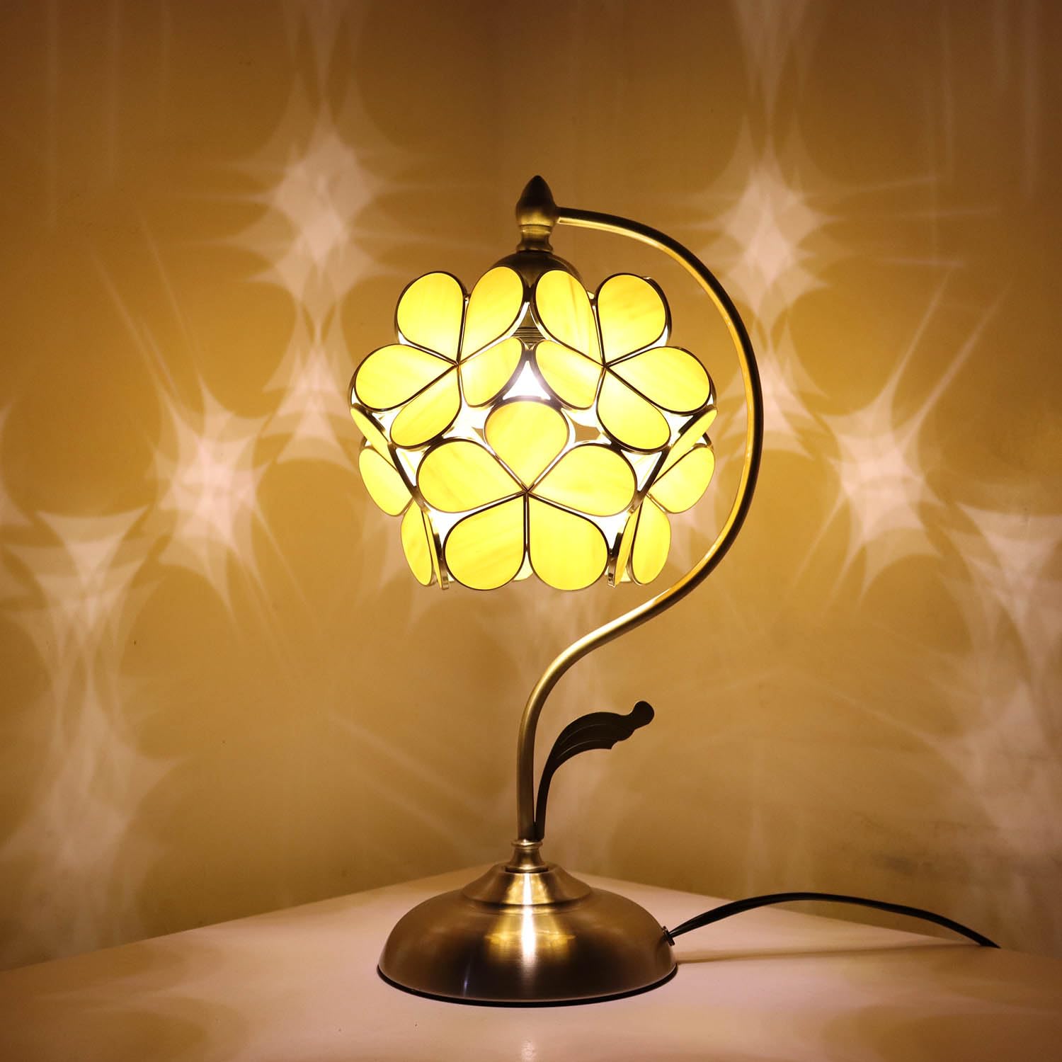 Bieye L10910 Tiffany Style Stained Glass Flower Petal Table Lamp With Brass Base For Home D  Cor (Yellow Orange, 8'' Cherry Blos