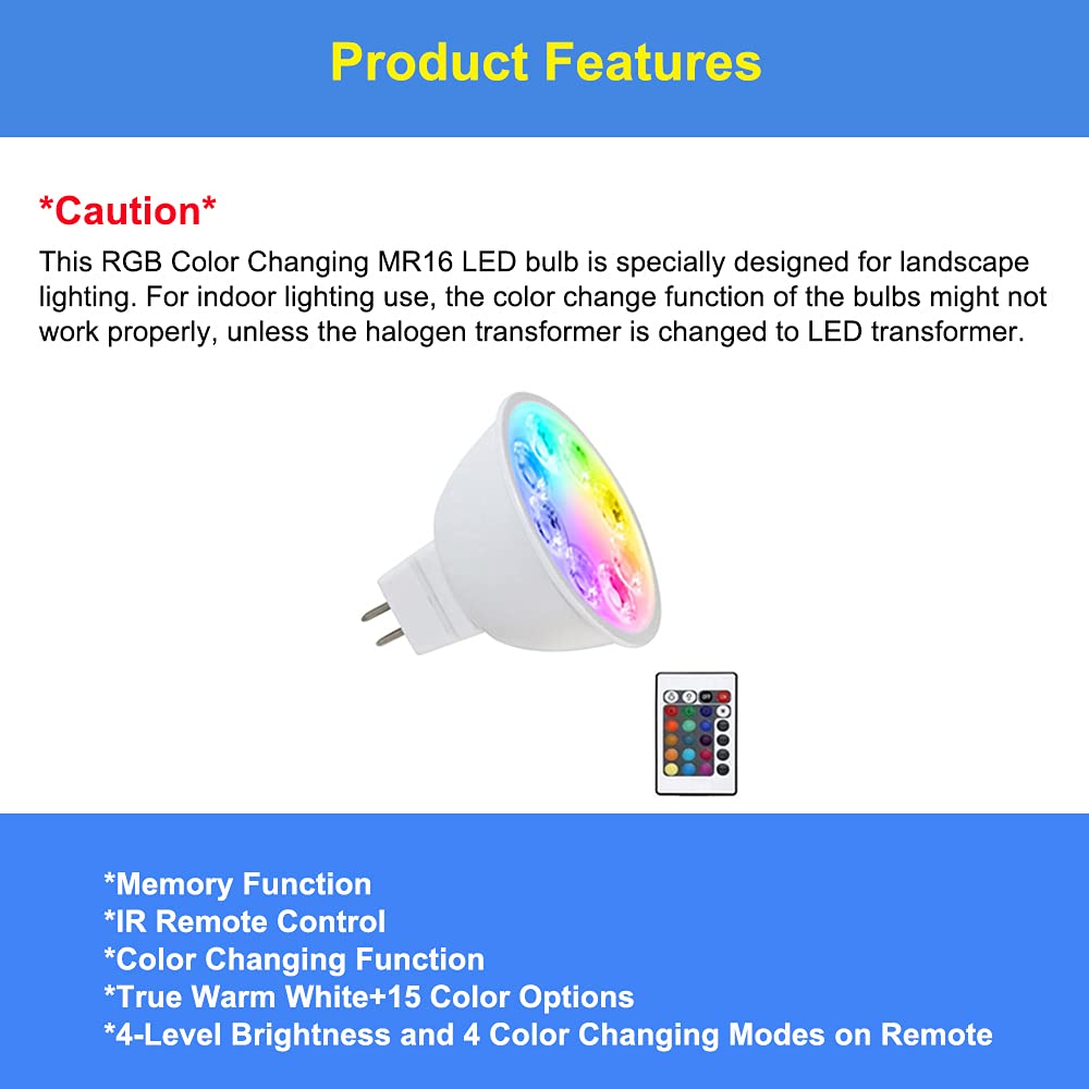 Makergroup MR16 RGB LED Bulbs, 3 Count, Color Changing, Warm White + 15 Colors, Remote Control, 4W for 12V Landscape Lighting