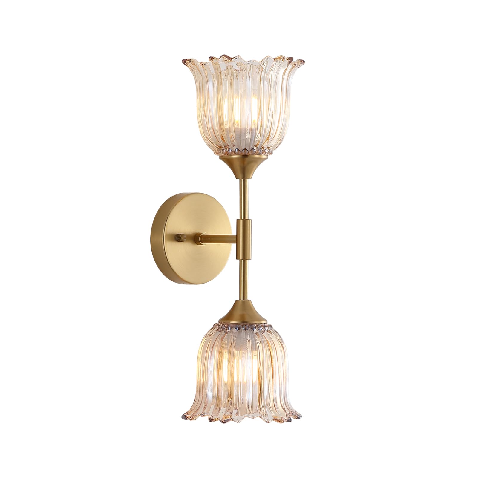 BYOLIIMA 2-Lights Gold Wall Sconce with Amber Glass Shades Modern Mid Century Bathroom Vanity Wall Light Fixtures Industrial Brushed Brass Wall Lamp for Bedroom Mirror Living Room Restaurant