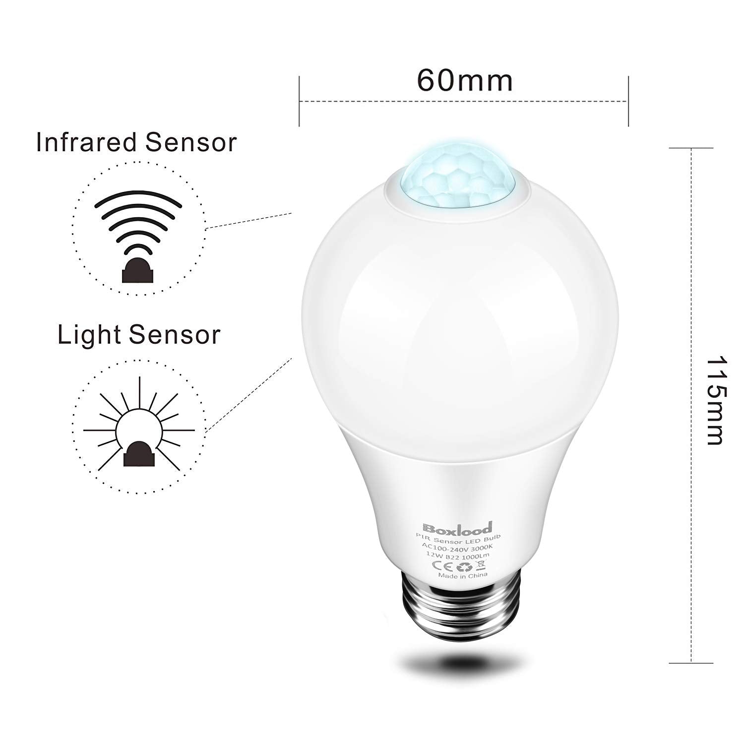 Boxlood Motion Sensor Light Bulb, 12W LED, 1000LM, Warm White, A19, E26, 2 Pack, Model QP6012SA, Ideal for Outdoor