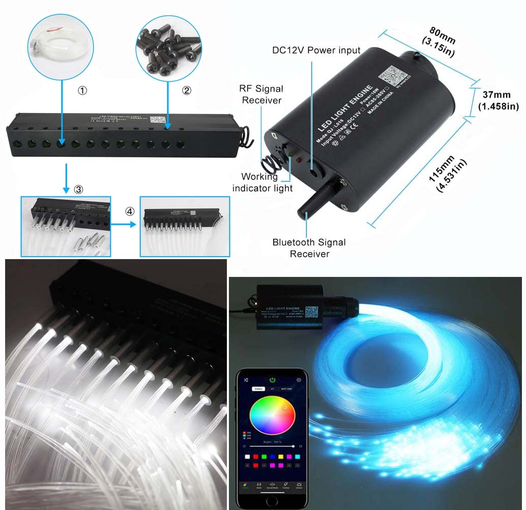 AZIMOM LED Bluetooth Meteor Fiber Optic Light Kit 16W RGBW, 550pcs, 13ft, Black, Music Mode, APP Remote, Home Decoration