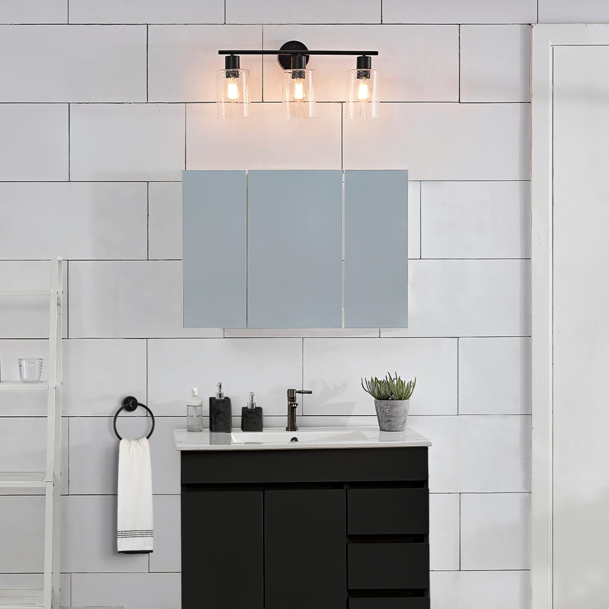Globe Electric 51851 Bristol 5-Piece All-In-One Bathroom Set, Matte Black, 3-Light Vanity Light With Seeded Glass Shades, Towel