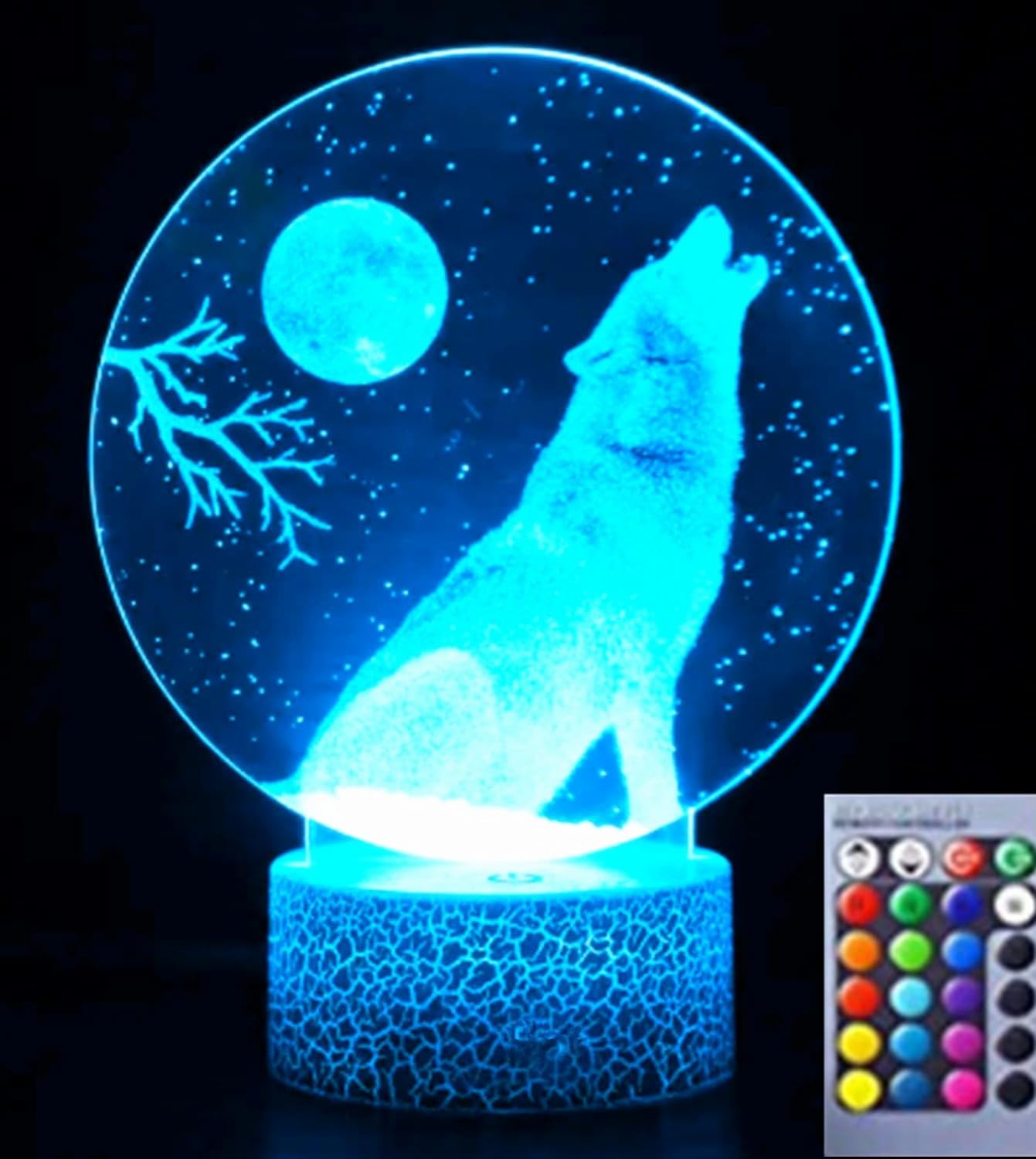 Jinnwell 3D Wolf Night Light Lamp Illusion 16 Color Changing Table Desk Decoration Lamps Gift Acrylic Flat ABS Base USB Cable To