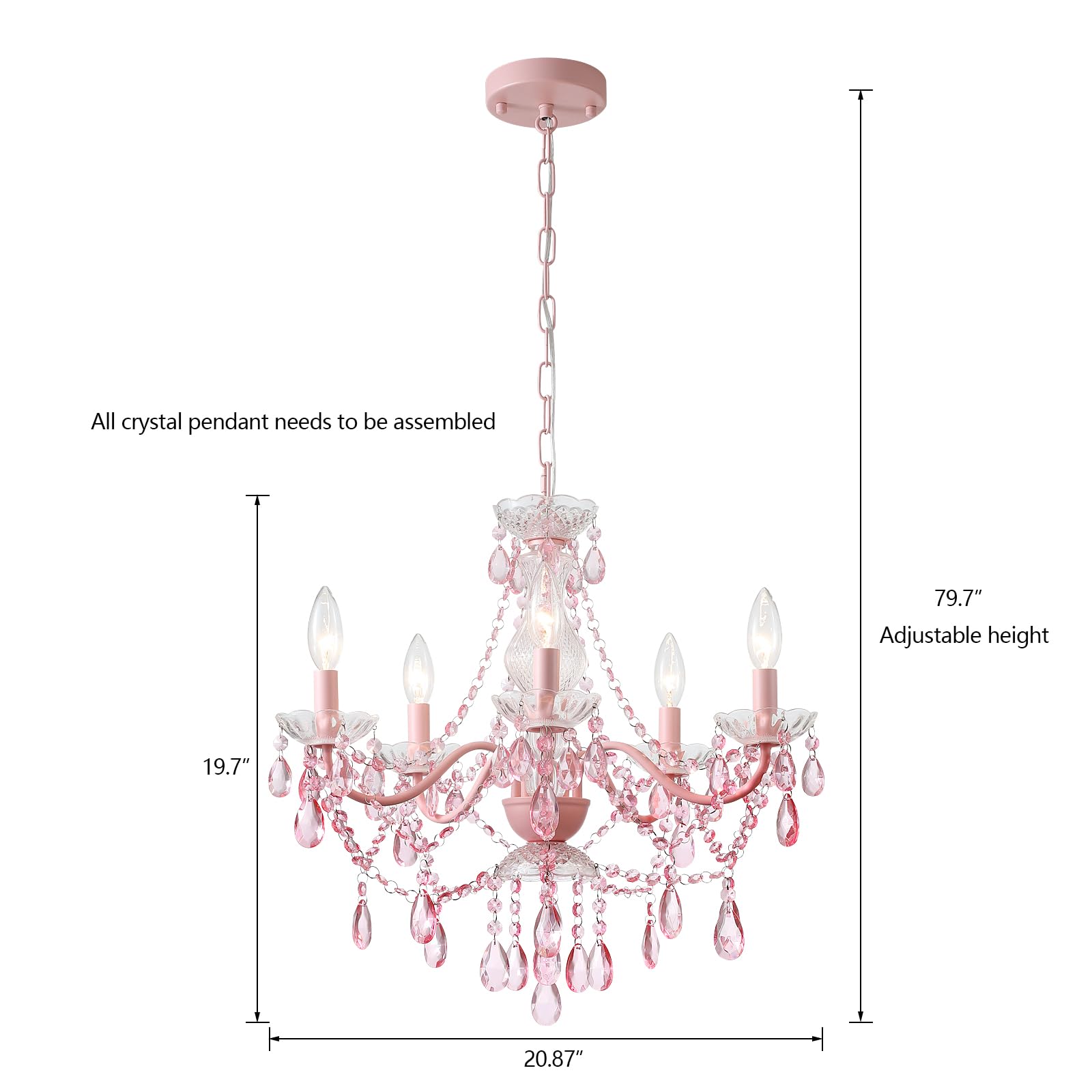 AMZASA Modern Crystal Chandelier, Pink Crystals, 20.87"x19.7"x79.7"H, Glass Pendant Light for Girls Room, Model AS9027-5PNIK