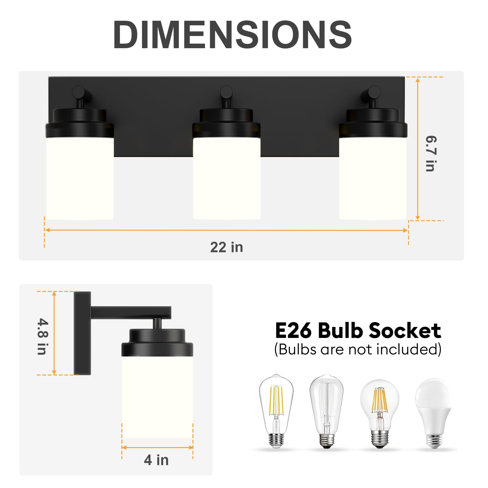 IZORRO 3-Light Bathroom Vanity Light Fixture, Matte Black with White Glass Shade, Modern Farmhouse Design, Model HL101