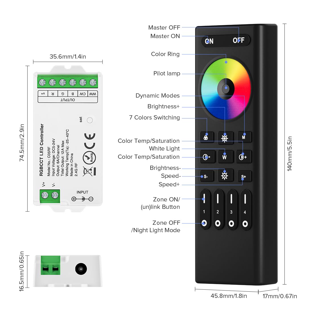 SEZO RGBCCT Controller Kit with 4-Zone Wireless Remote Control, Model RC03RFB+C05RF, for FCOB LED Strips