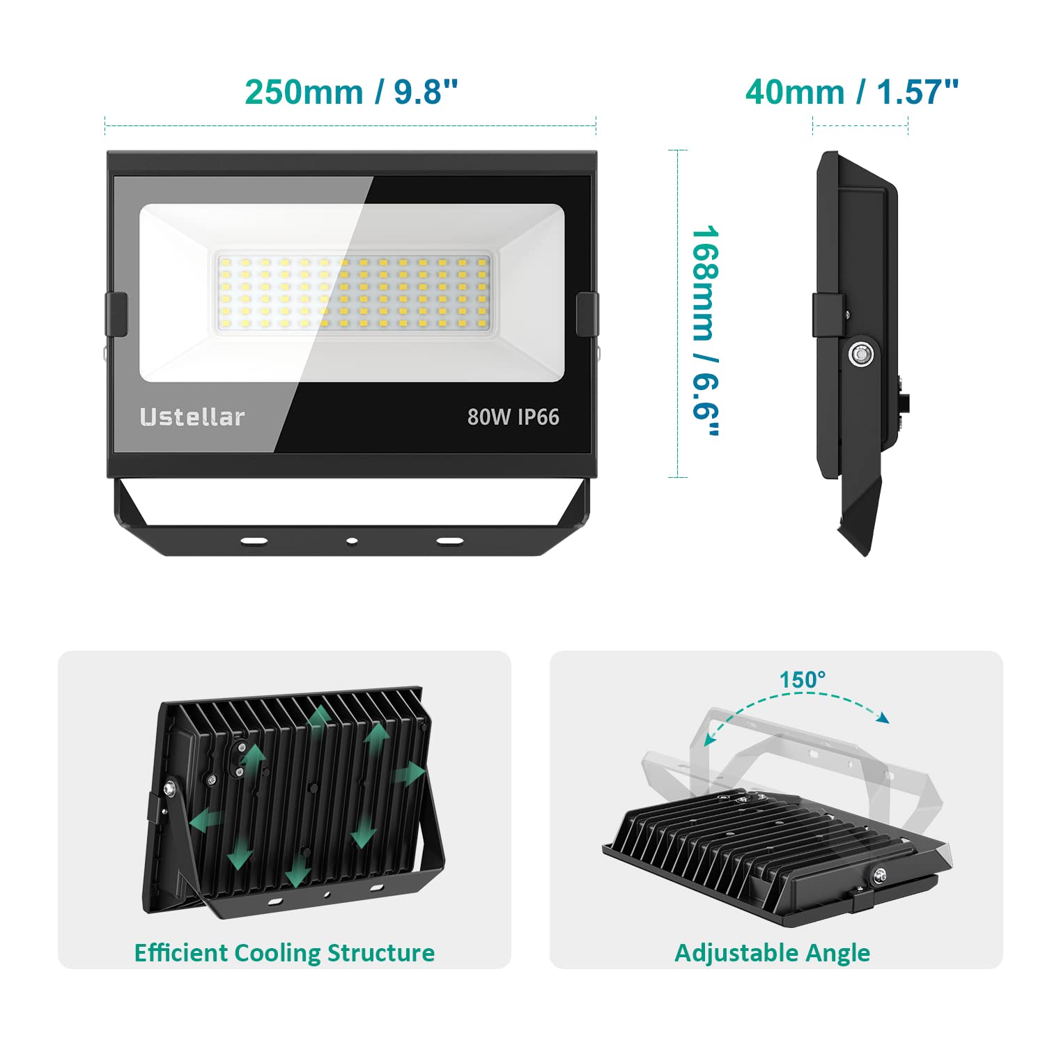 USTELLAR 80W LED Flood Lights - 24000LM Outdoor Security Light, IP66 Waterproof, Daylight White, Hard Wire, Model UT88861