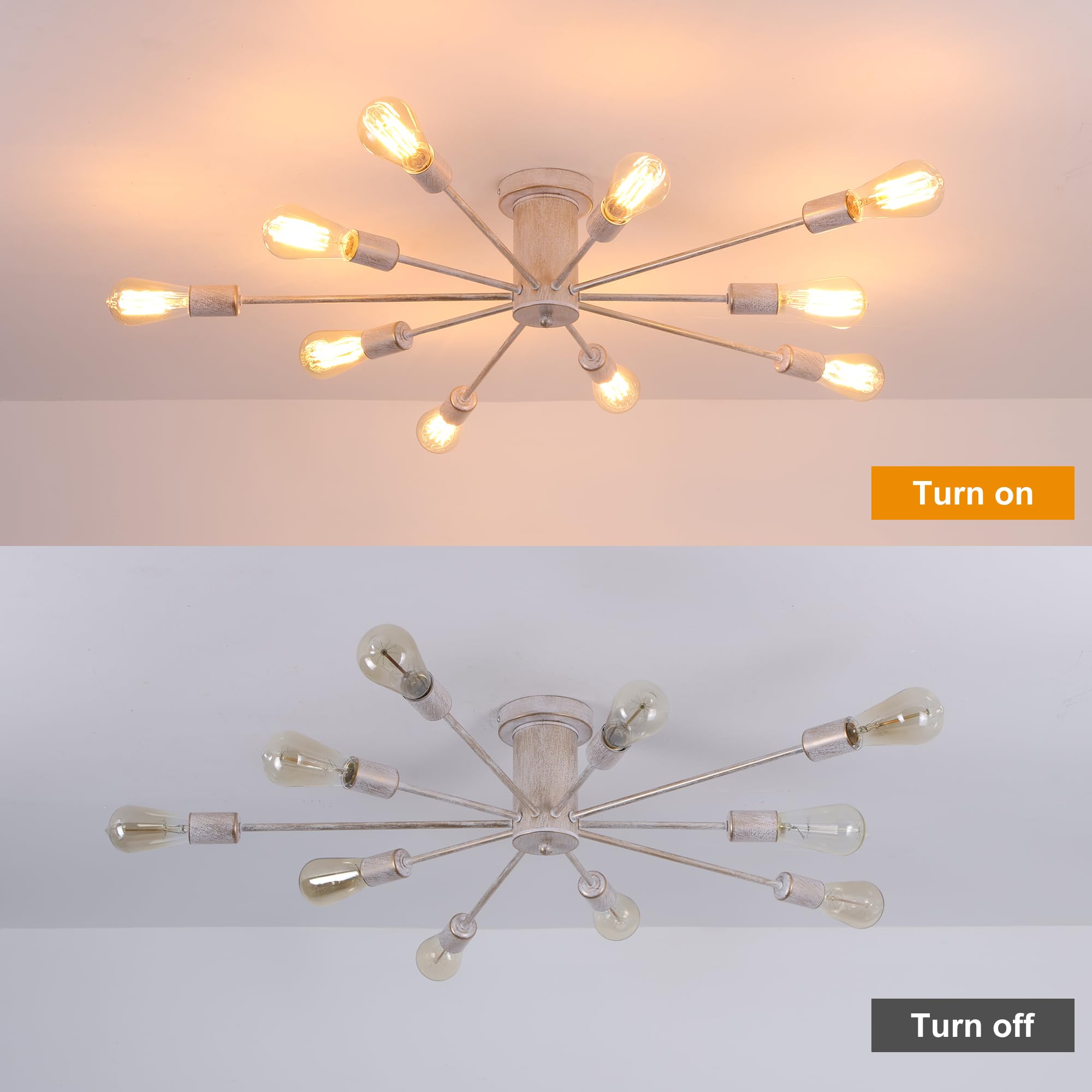Garwarm Modern Sputnik Chandelier Ceiling Light Fixtures,10-Lights Mid Century Industrial Metal Semi Flush Mount Ceiling Lights