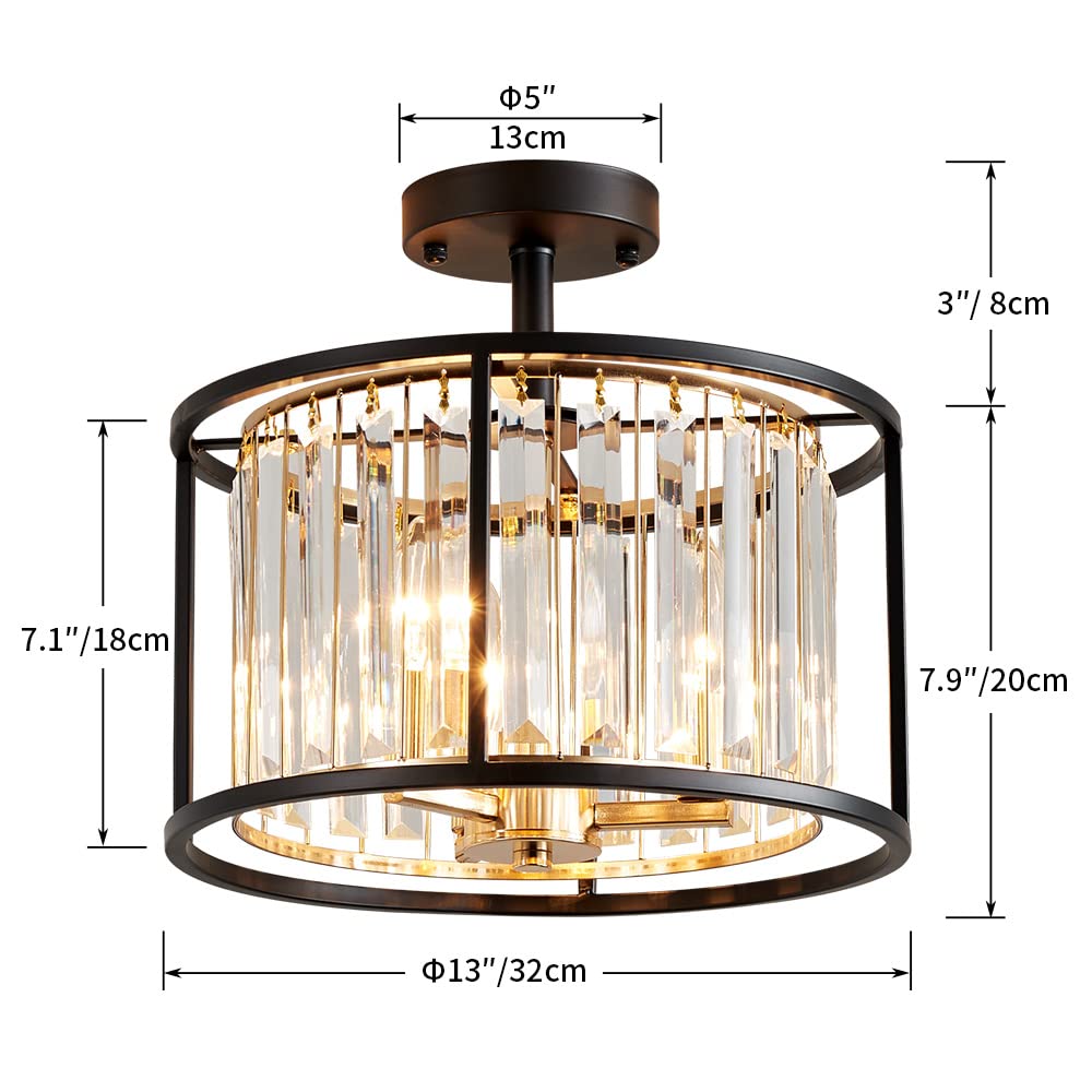 AGV LIGHTING Crystal Semi Flush Mount Ceiling Light, 3-Lights, D32", Alloy Steel, Black Gold, Model AGV-CL005BB