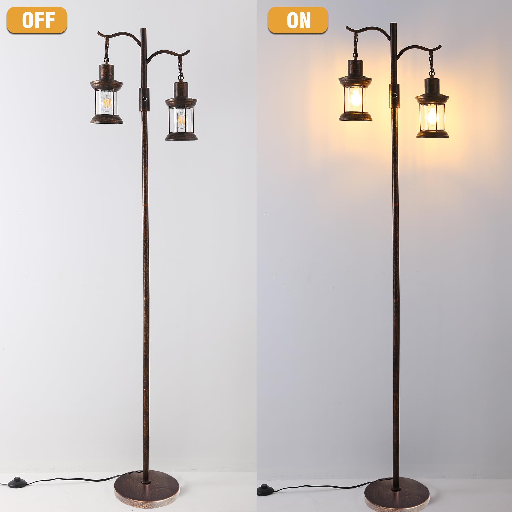 Asmymhd Vintage Dimmable Floor Lamp, Rustic Copper Black Finish, 2 Lanterns, Model F-230912, Ideal for Living Room Decor