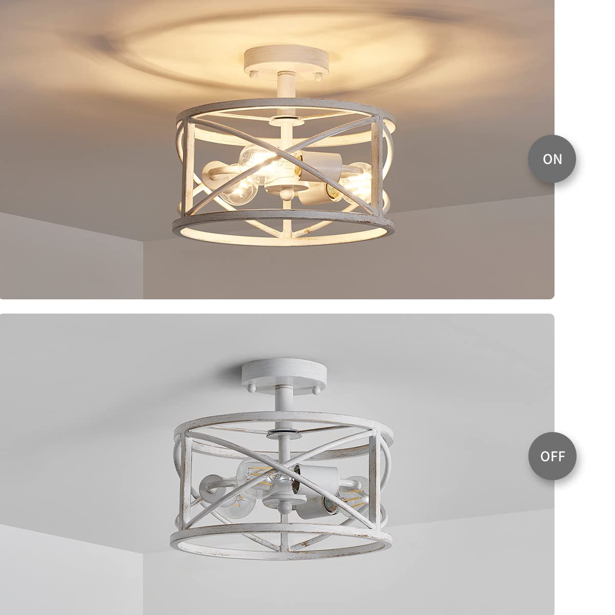 WUZUPS 3-Light Vintage Farmhouse Chandelier, Antique White, H 9.4" x W 12", E26 Base, Industrial Semi-Flush Mount Fixture