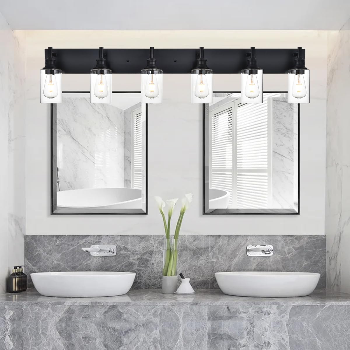 Wanluce 6-Light Black Iron Bathroom Vanity Lights with Clear Glass Shades, Farmhouse Wall Sconces for Bedroom and Living Room, Model 16111-6W-BL
