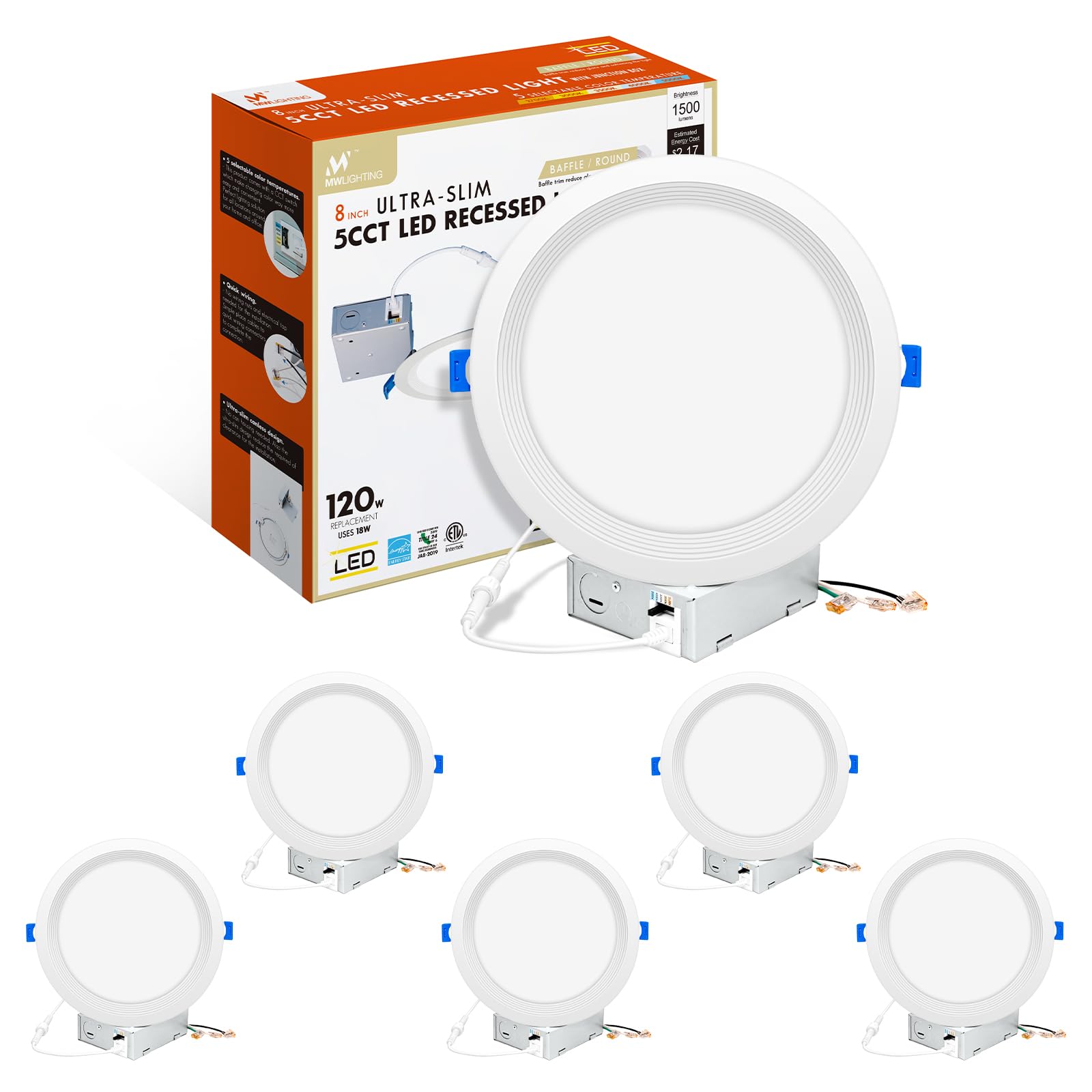 Mw 6 Pack 8 Inch Ultra-Thin Led Recessed Light With Junction Box,Baffle Trim, 2700/3000/3500/4000/5000K, Dimmable, 1500Lm, Energ