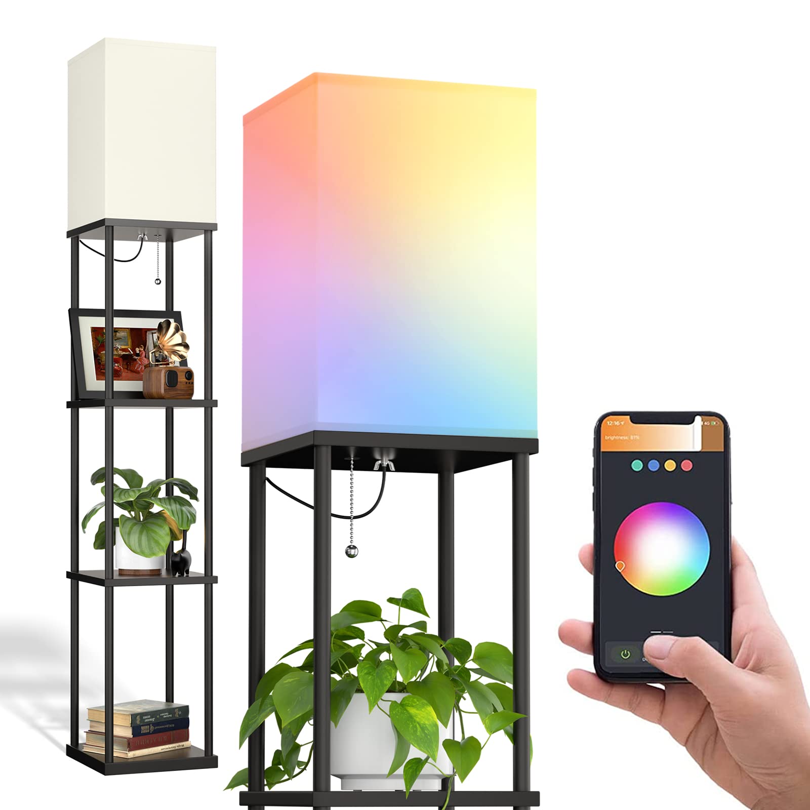 Addlon Floor Lamp With Shelves, 4-Tier Modern Shelf Lamp With Rgb Smart Bulb, App Control Standing Lamp With White Lamp Shade, F