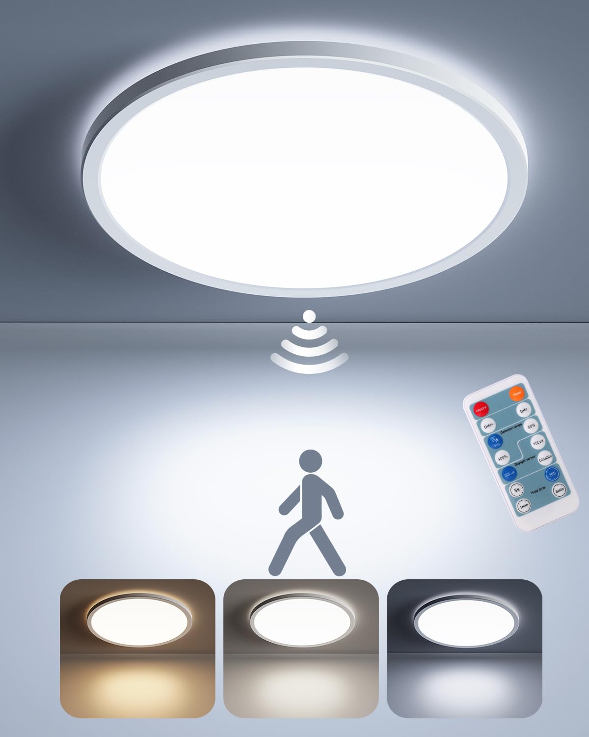 Matane Dimmable Motion Sensor Led Ceiling Light With Remote, 9 Inch Wired Flush Mount 3000K 4000K 5000K, 1800Lm Motion Sensor Li