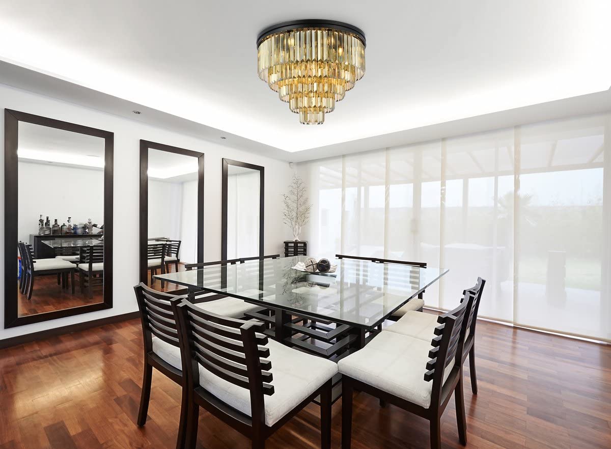 Urban Classic Sydney 17 Light Matte Black Flush Mount Golden Teak (Smoky) Royal Cut Crystal