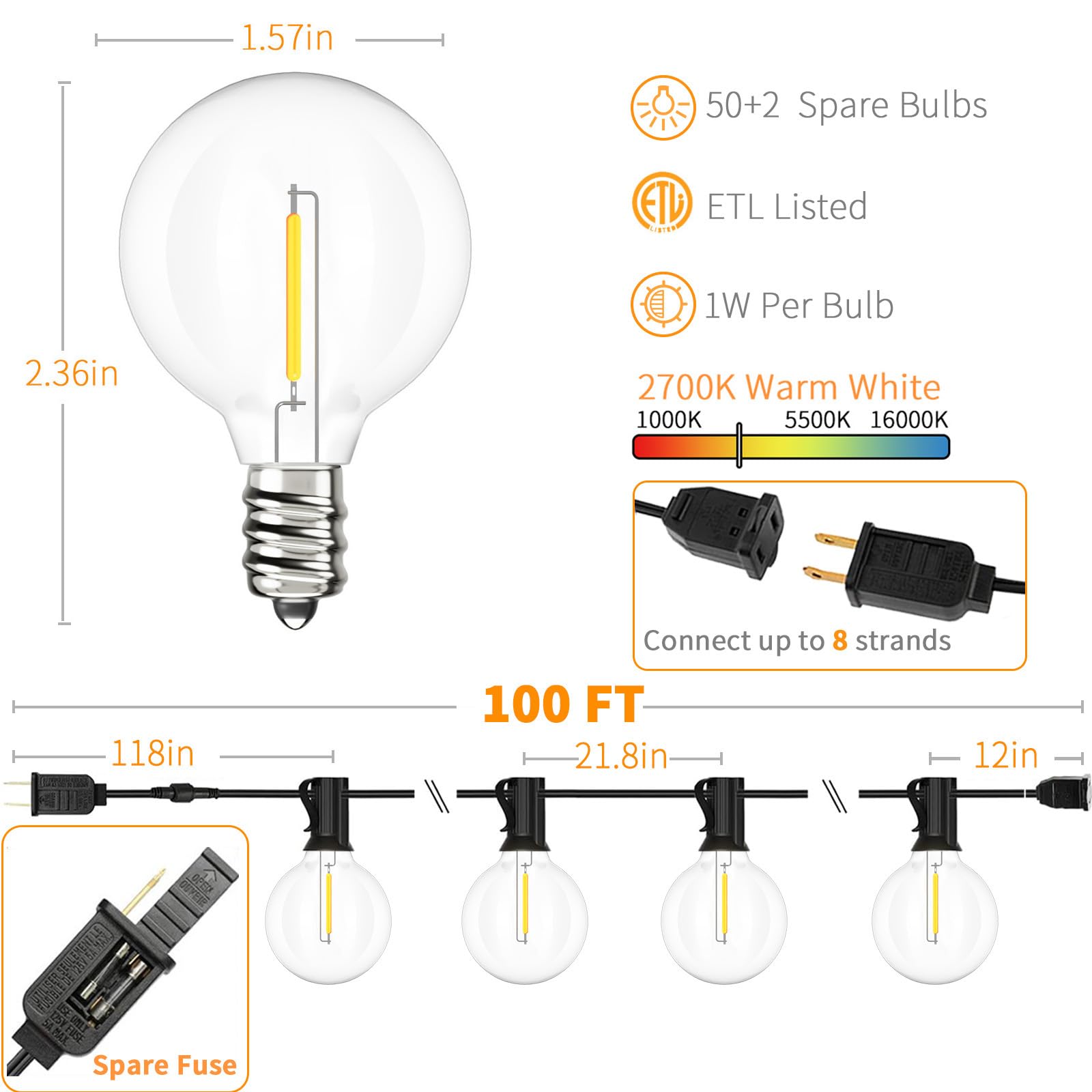 Svater Outdoor String Lights, Waterproof LED Patio Lights, 100 FT with 52 Shatterproof G40 Bulbs, Dimmable, Warm White 2700K, Black