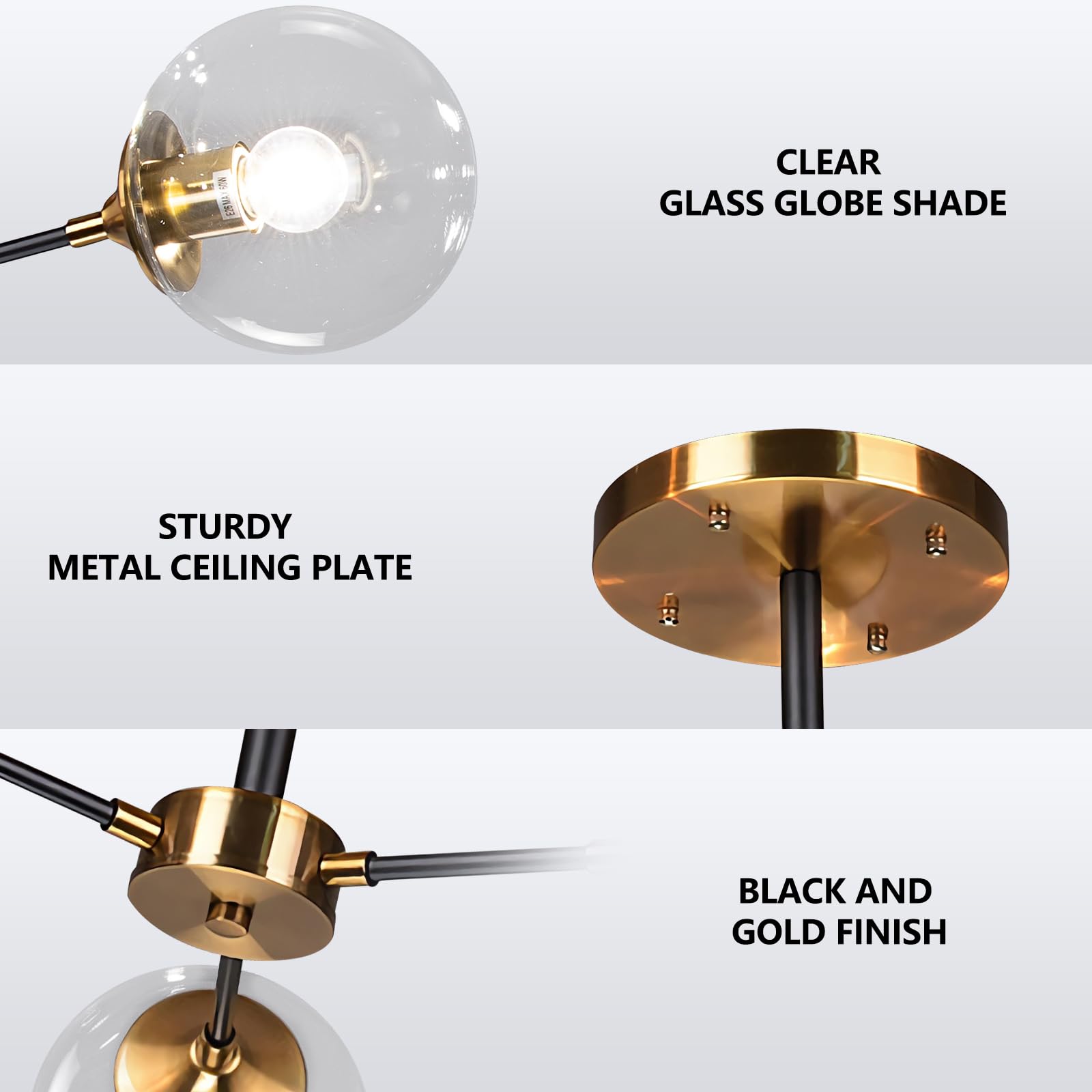 Kco Lighting Mid-Century Modern Semi Flush Mount Ceiling Light 3-Light Clear Glass Bubble Chandelier Black Gold Sputnik Close To
