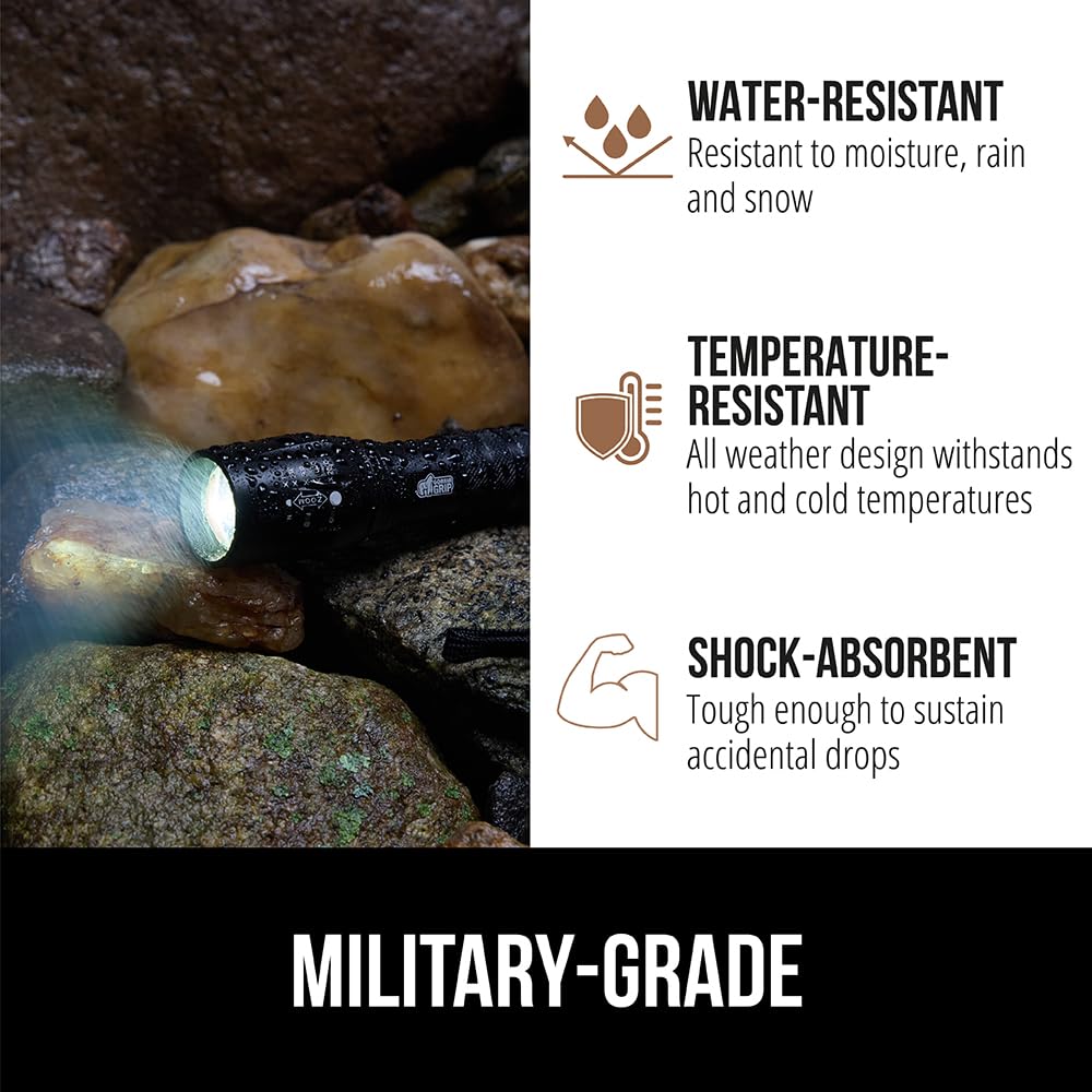 Gorilla Grip LED Tactical Handheld Flashlight, 750 FT Zoom, Ultra Bright, Water Resistant, Black, Model 840029670880
