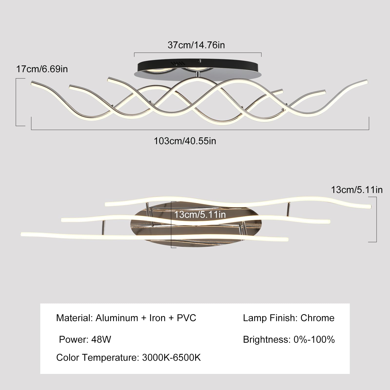 Qcyuui LED Ceiling Light Chandelier 40.55in Dimmable Chrome Aluminum Model QJD1007-C