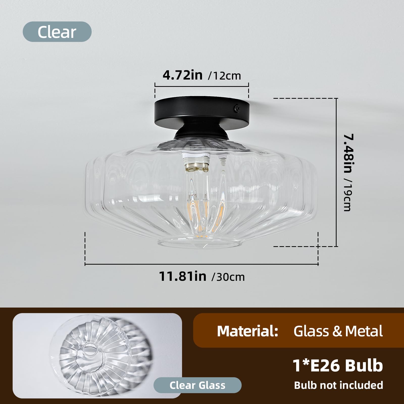 Mazu House Glass Semi Flush Ceiling Light Fixture - Vintage Mid Century Modern - 12 in - Clear Glass - Model DDXD09-TM-300