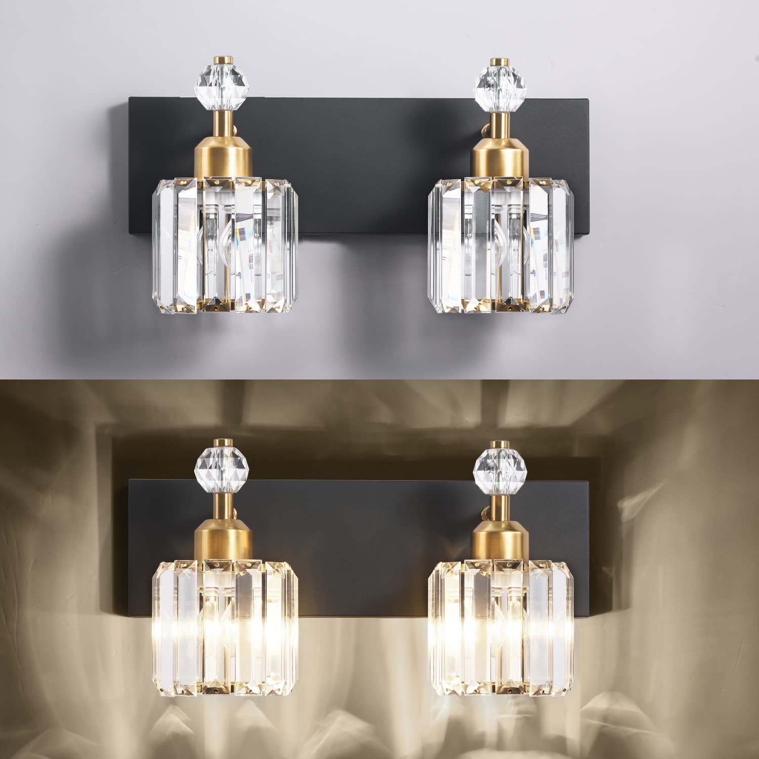 PRESDE Modern Crystal Black 2-Light Bathroom Vanity Lights, Matte Black Metal Fixtures for Wall Sconce Over Mirror
