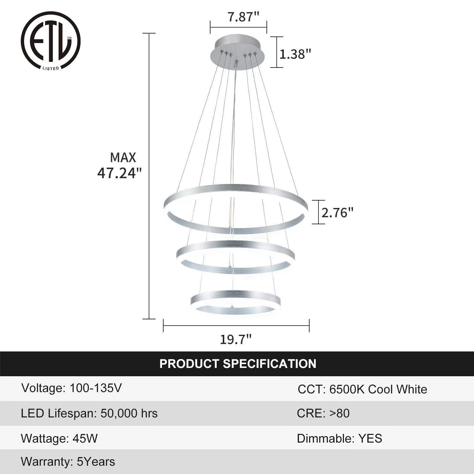 Buccleuch 3-Ring LED Chandelier - Dimmable, Height Adjustable, Silver Pendant Light for Dining Room, Living Room, Bedroom, Foyer, 6500K