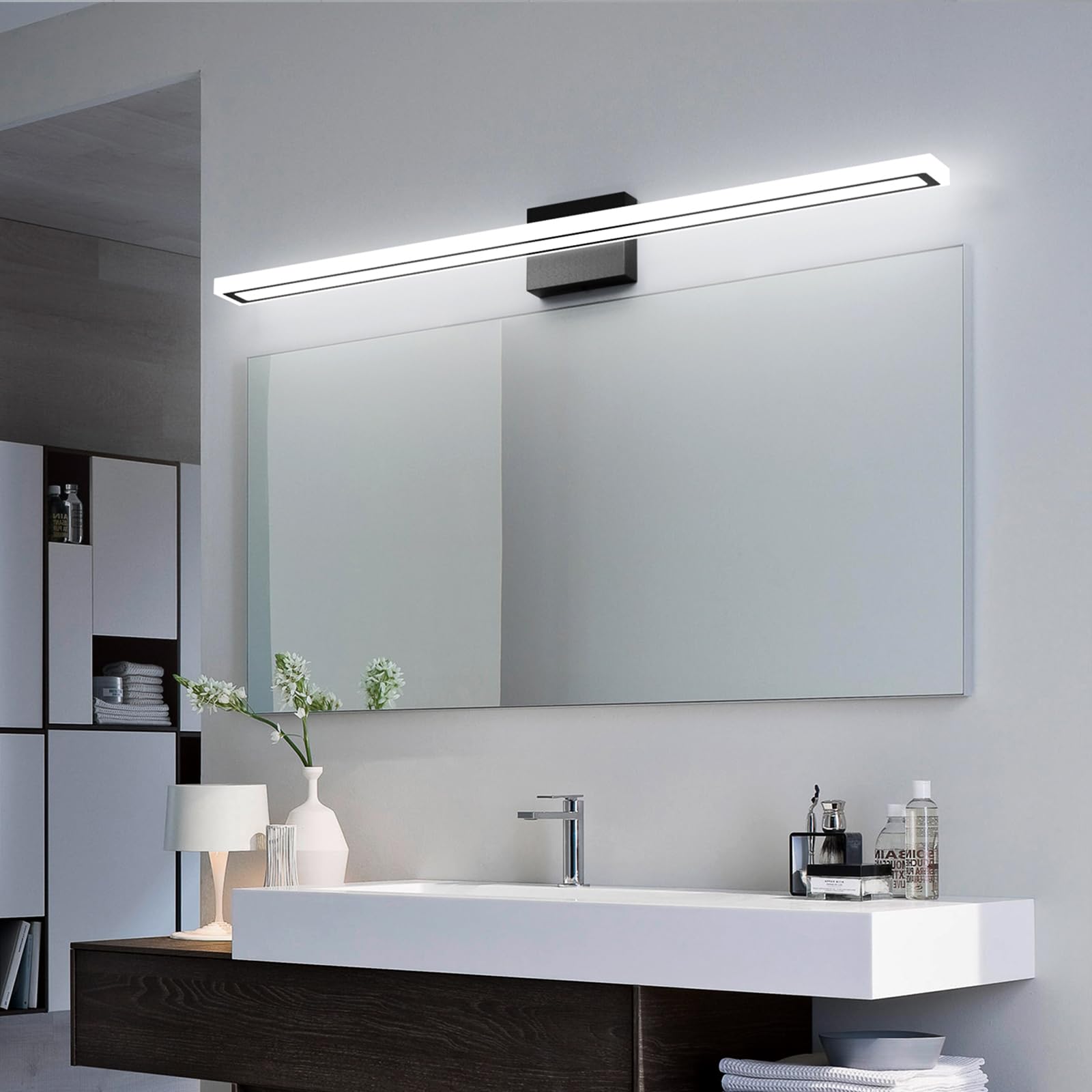 lundwa 40in Black LED Bathroom Vanity Light Bar, 36W, Modern Fixture, Cool White 6000K, Model JS6181