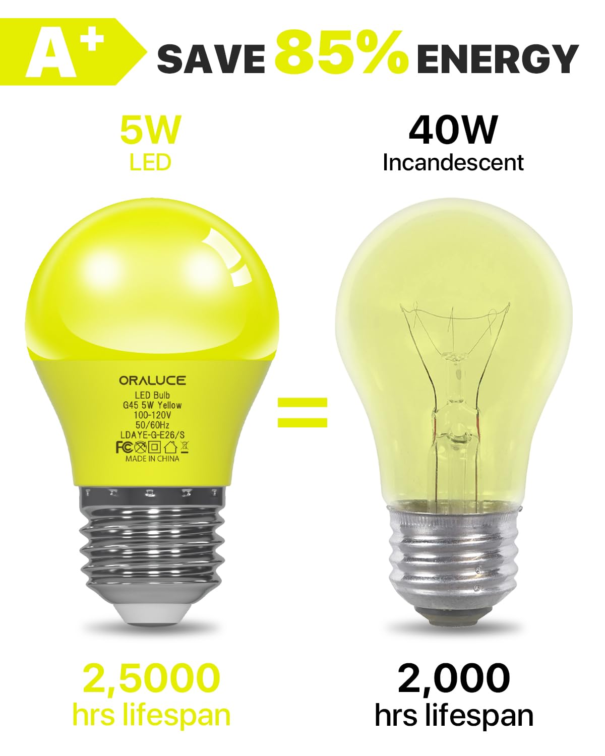 ORALUCE A15 LED Bulbs, 5W 450LM, Yellow, E26 Base, Non-Dimmable, 6 Pack, Ideal for Halloween and Christmas Party Decoration