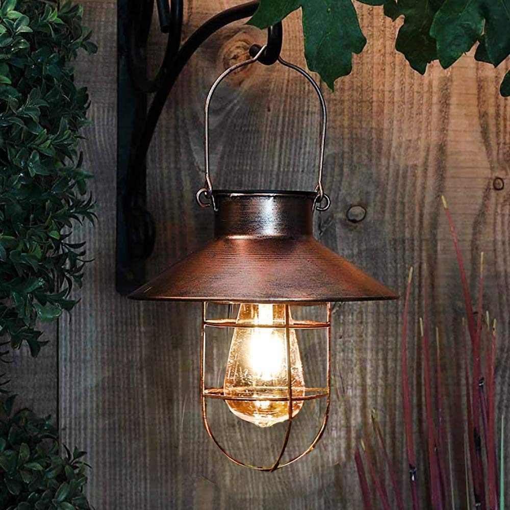Solar Lantern Outdoor Hanging Light- Waterproof Vintage Metal Solar Lantern Light With Warm White Edison Bulb Decorative For Patio, Backyard, Porch, Yard