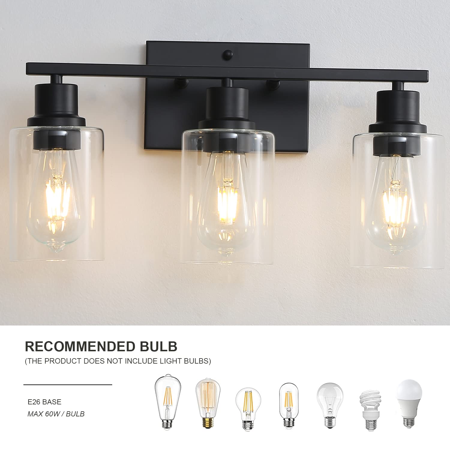 Emong 3-Lights Bathroom Light Fixtures, Matte Black Vanity Light With Glass Shade, Modern Wall Sconces Lighting For Bathroom,Mir