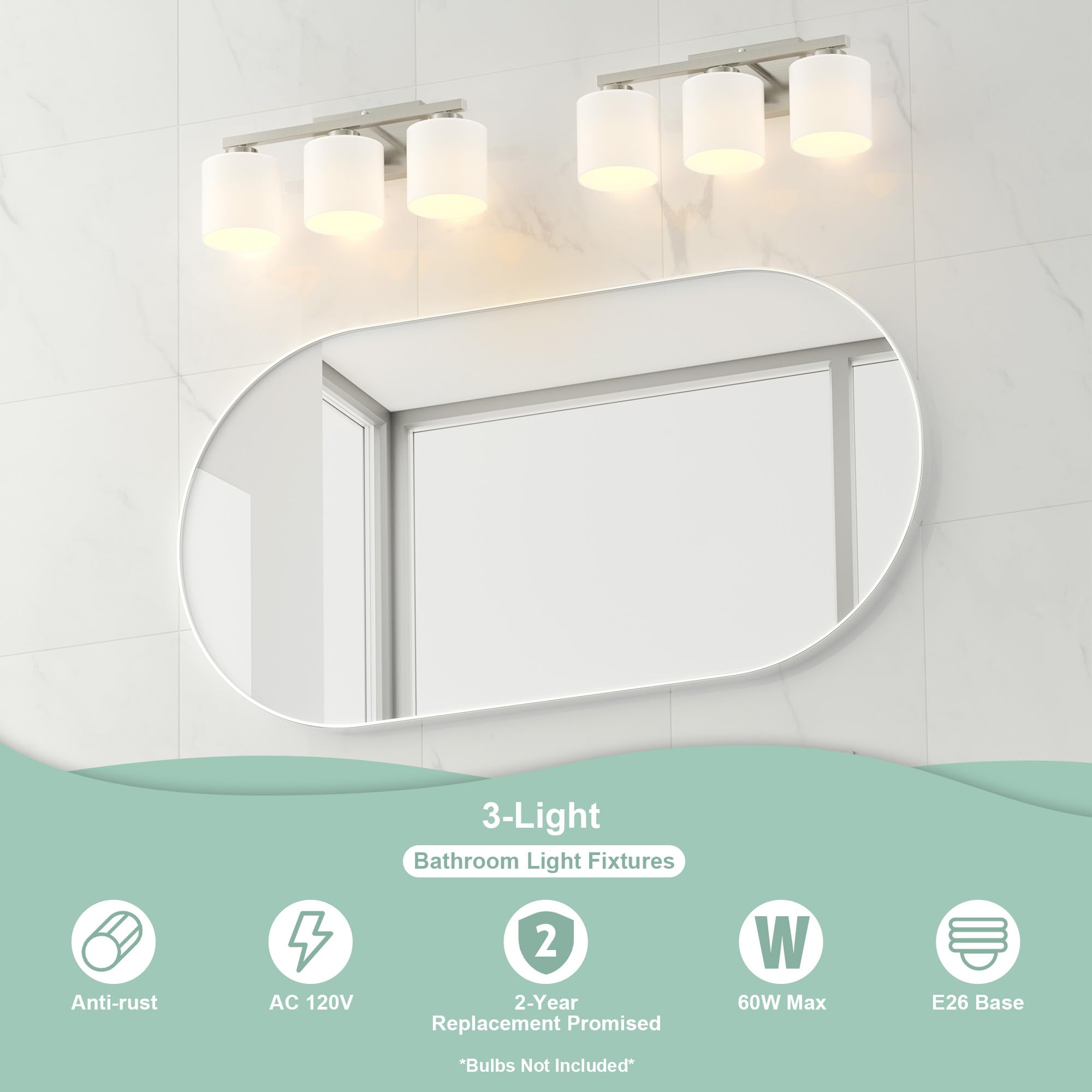 Honesorn 3-Light Bathroom Vanity Light, Brushed Nickel, Frosted Shade, Model TK-JQD-MS-YS-3, Anti-Rust Nickel Finish