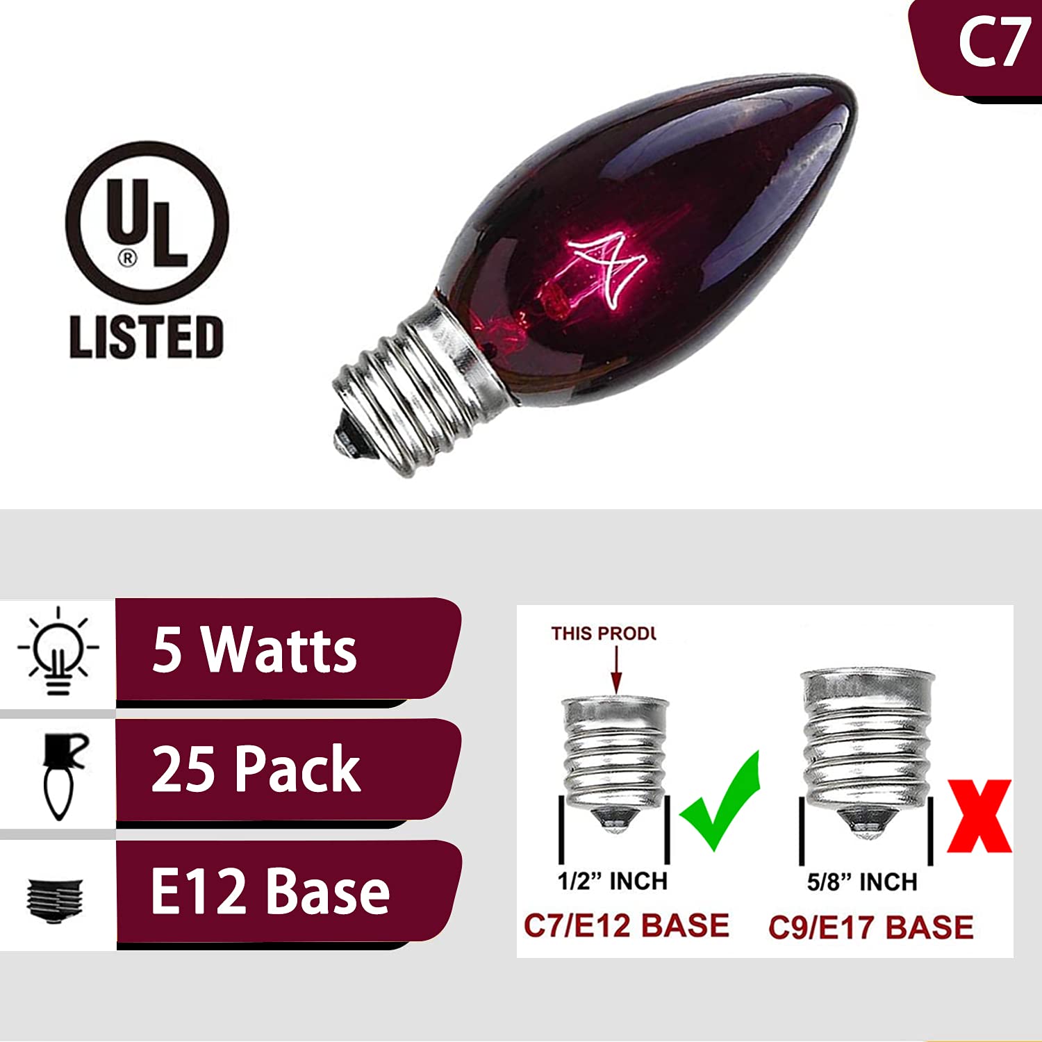 Pallerina C7 Replacement Light Bulbs 25 Pack, Glass, Black, 5 Watt Candelabra Base, for Halloween and Christmas Decor