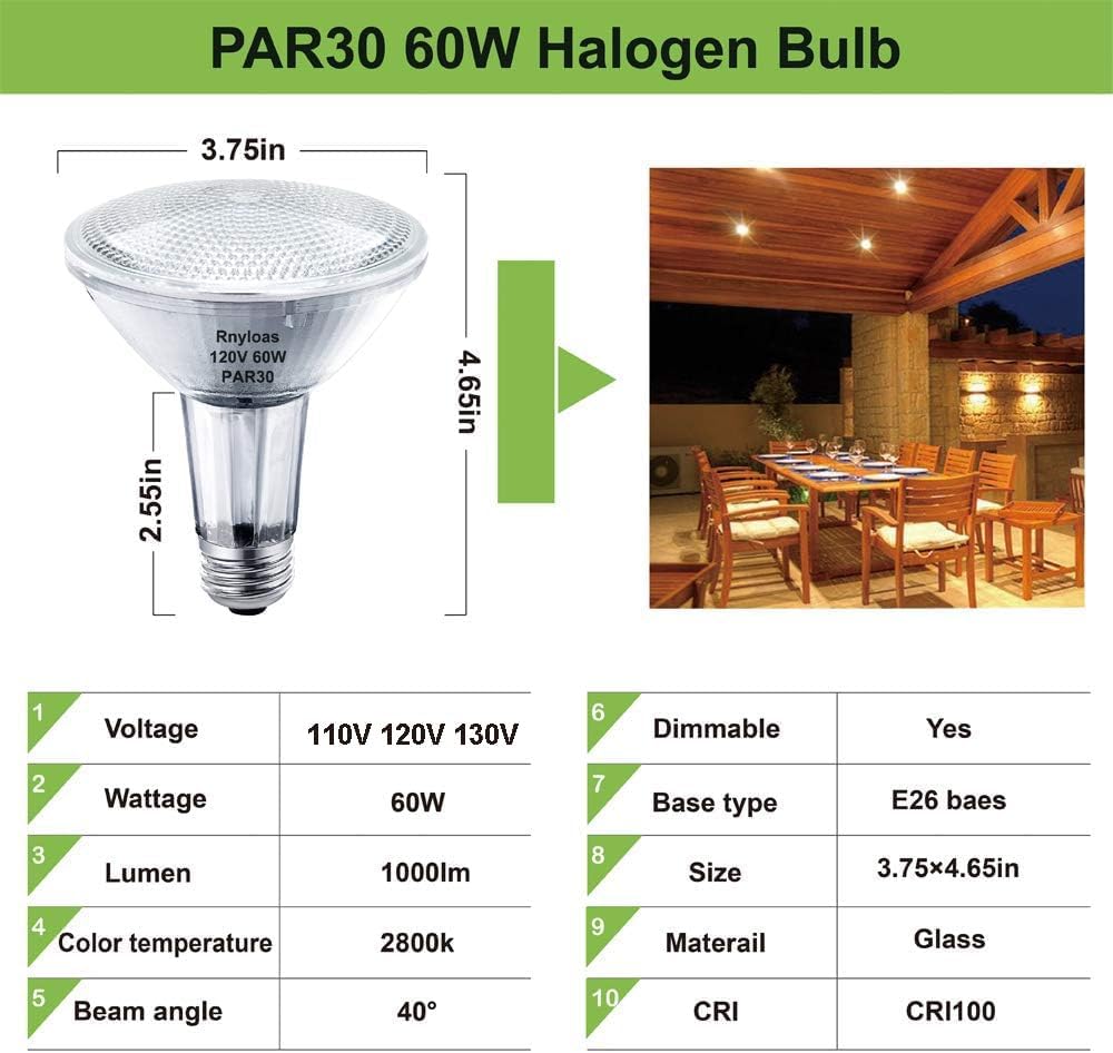 Rnyloas Par30 Long Neck, 6Pcs Par30 60W 120V Flood Dimmable, Par30 Halogen Bulb Long Lasting Lifetime With E26 Medium Base, Par3