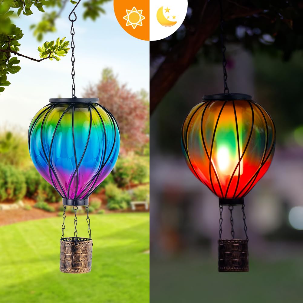 Giole Gradient Color Solar Hot Air Balloon Outdoor Lantern With Flickering Flame Hanging Outdoor Lantern Waterproof Decorative L