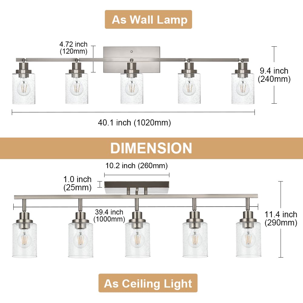 Winshen 5-Light Track Lighting Kit, Bathroom Vanity Light Ceiling Spotlight In Brushed Nickel For Kitchen Shop, Seeded Glass Sha