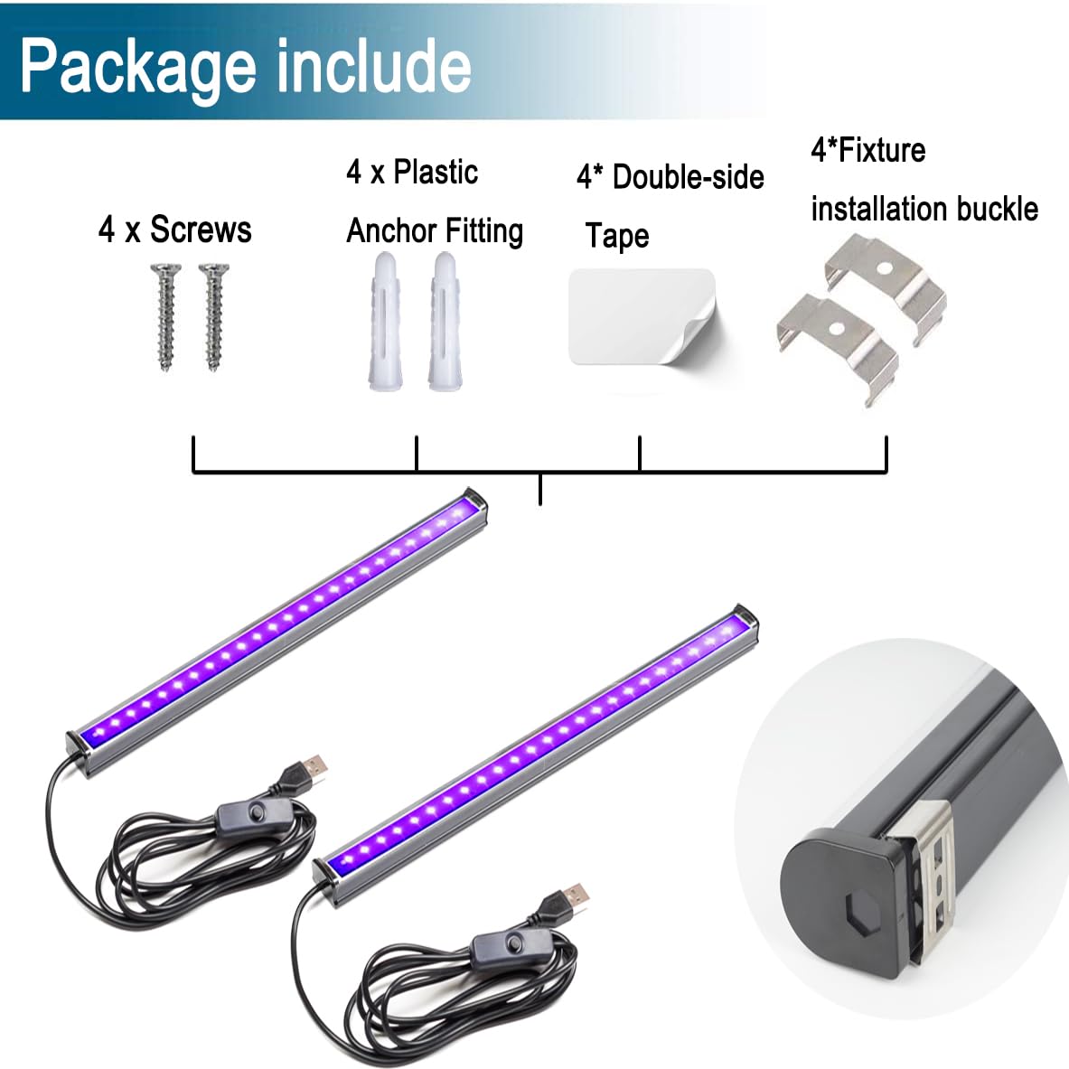 U4Glory Black Light Bar, 10W 1Ft Black Light For Cabinet, Usb Uv Black Light Fixture For Fluorescent Tapestry Poster, Body Paint, Halloween Decorations, Christmas Party, With On/Off Switch (2-Pack)