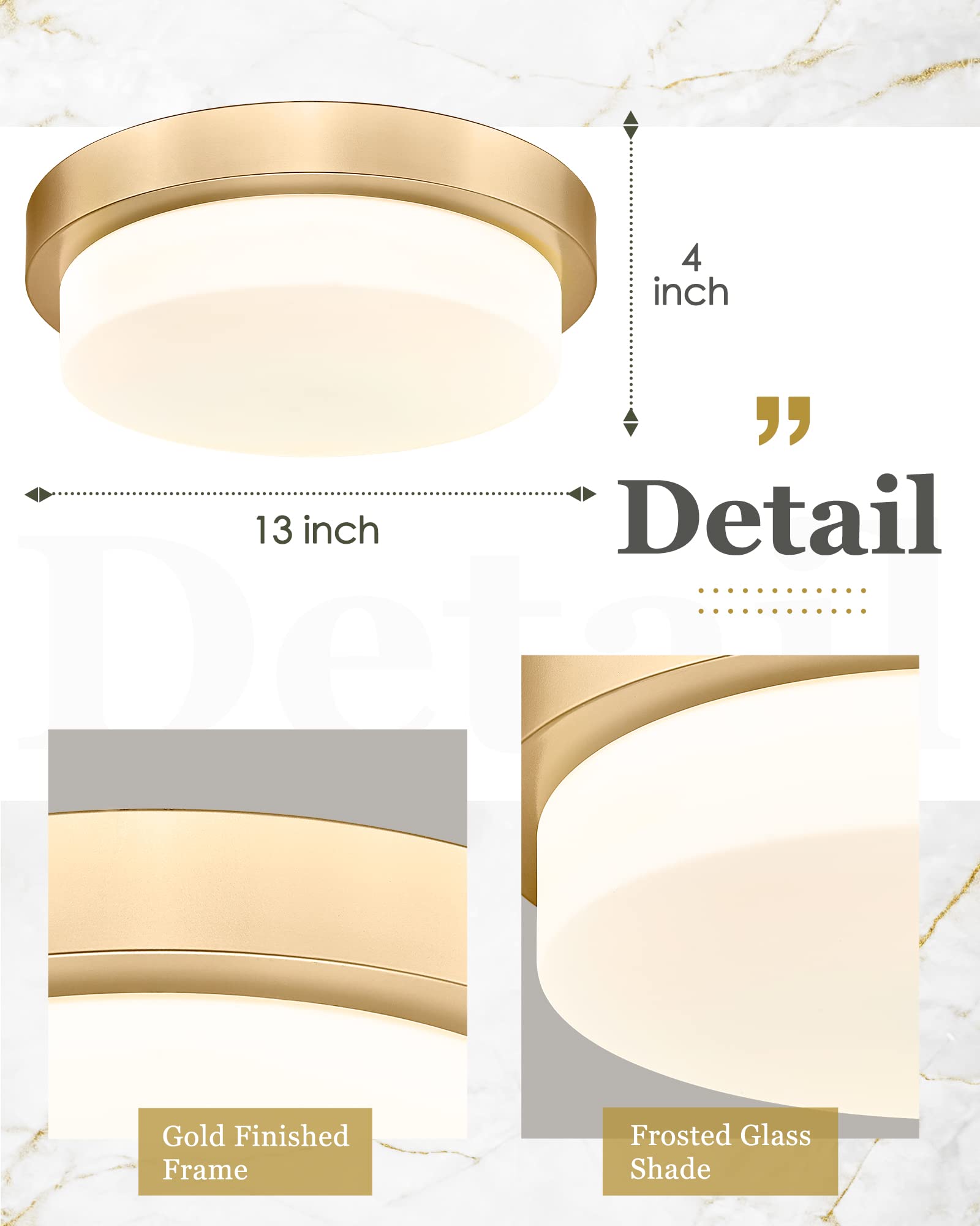 Audickic Gold Flush Mount Ceiling Light, 13Inch Close To Ceiling Light Fixtures 24W 2200Lm Dimmable 2700K/3000K/4000K/5000K/6000