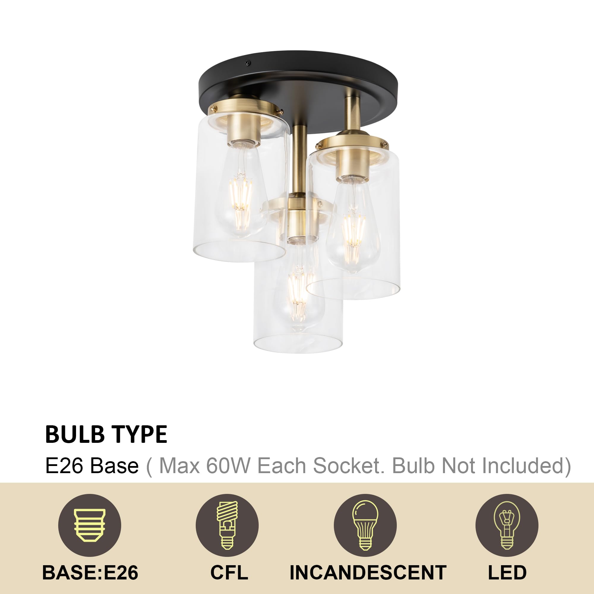 Mayful Semi Flush Mount Ceiling Light, 3-Light Clear Glass Shade Ceiling Light Fixture, Gold Finish Cluster Cylinder Ceiling Lig