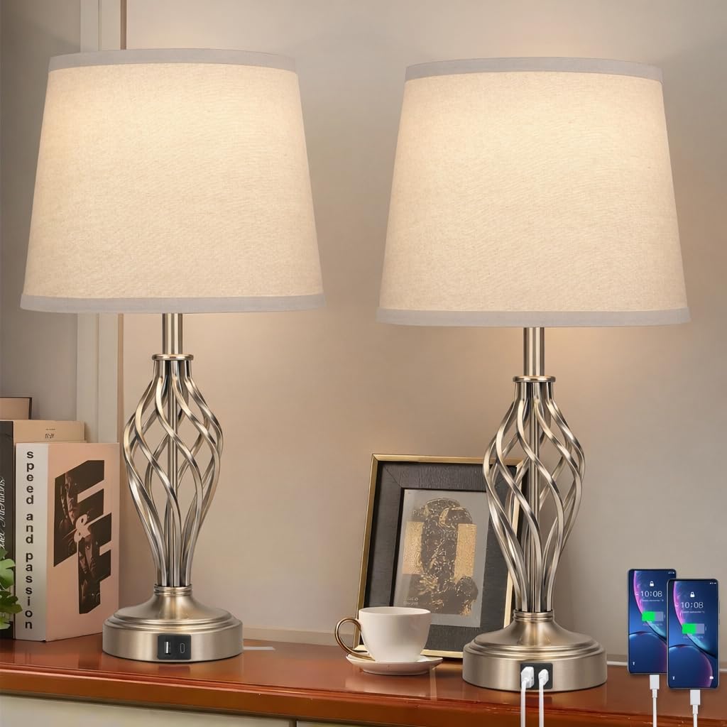 Ruiever Touch Table Lamps Set of 2  nightstand lamp with USB Ports Bedside 3 Way Touch dimmer Desk lamp for Living Room Bedroom Nickel Plated Spiral cage Base Design Warm White dimmer Bulbs Included
