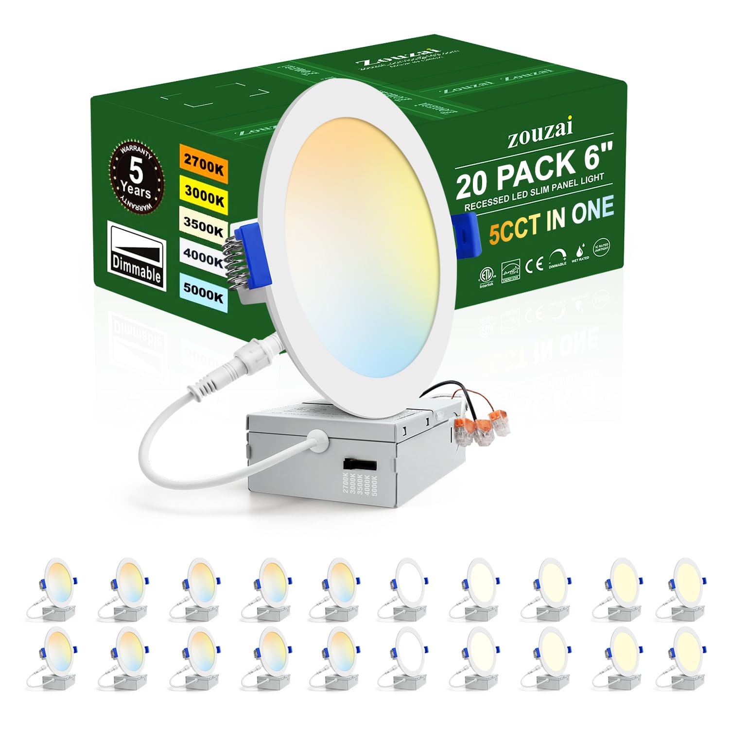 Zouzai 20 Pack 6 Inch Ultra-Thin Led Recessed Ceiling Light With Junction Box 5Cct Adjustable Dimmable Can-Killer Downlight - Etl And Energy Star Certified