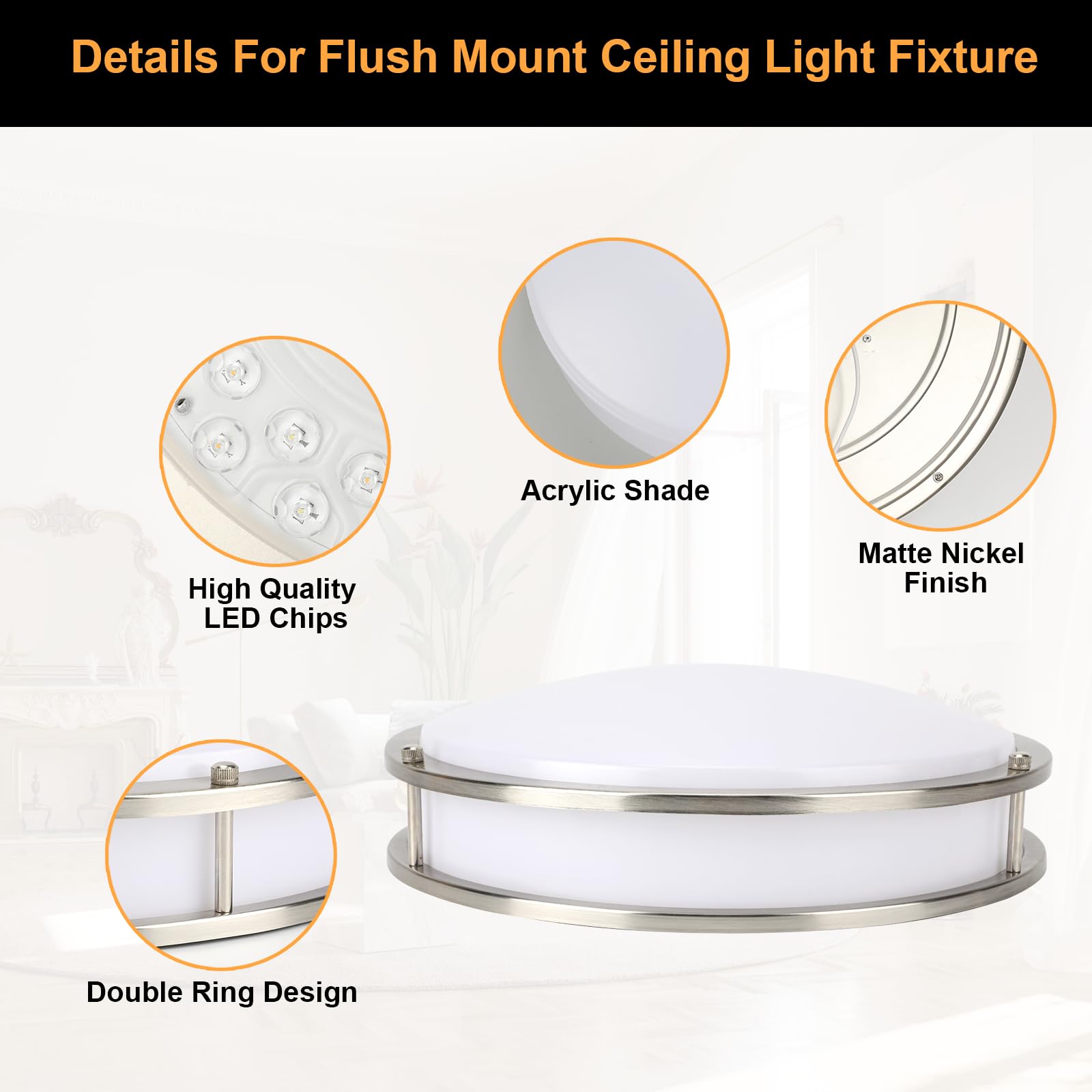 Enateclite 14Inch Double-Ring Nickel Brushed Led Ceiling Light, Flush Mount Ceiling Lighting Fixture, Super Bright 2500Lm, 26W,