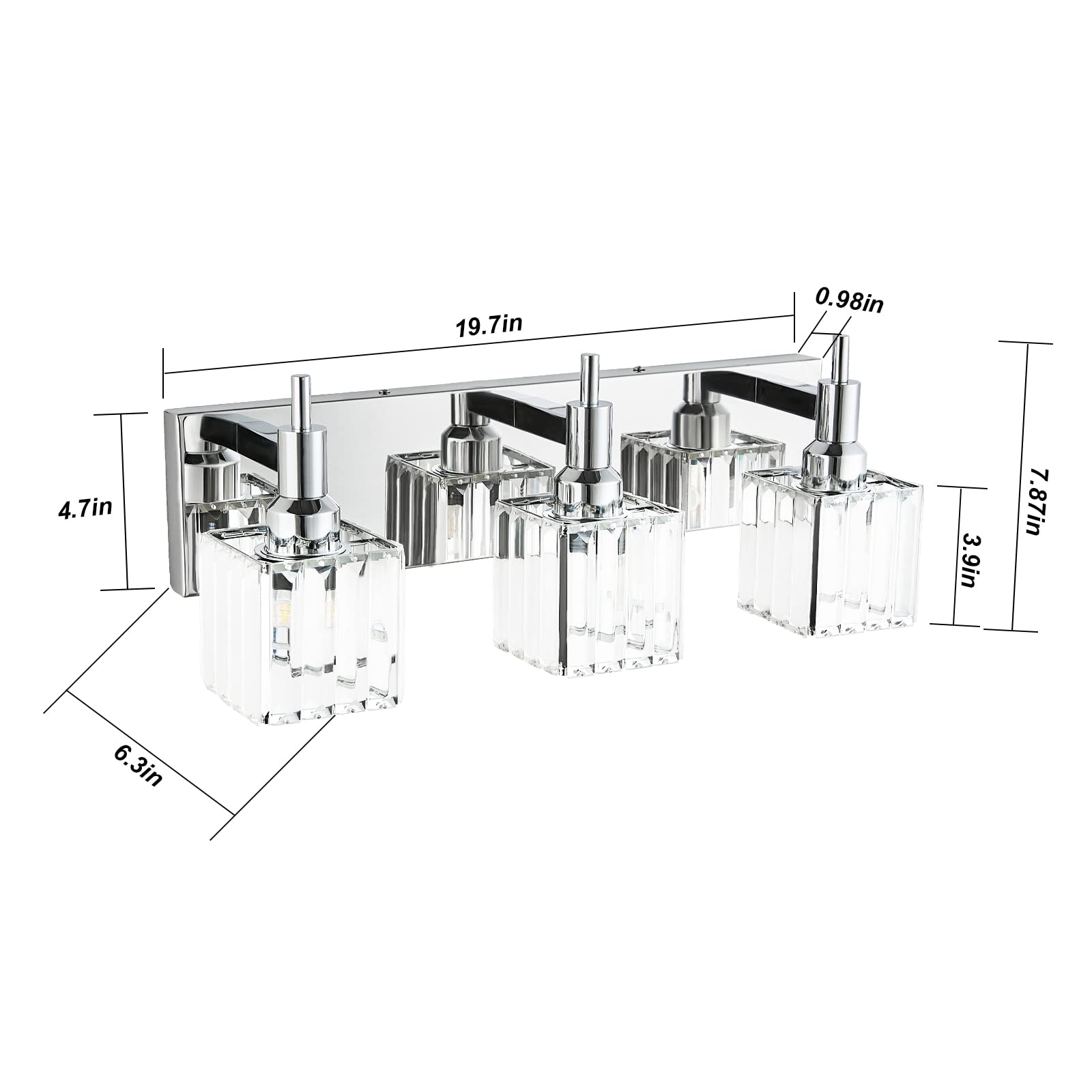 HUOKU Modern Crystal Bathroom Vanity Light 3-Light Wall Sconce Chrome Metal Square Shade