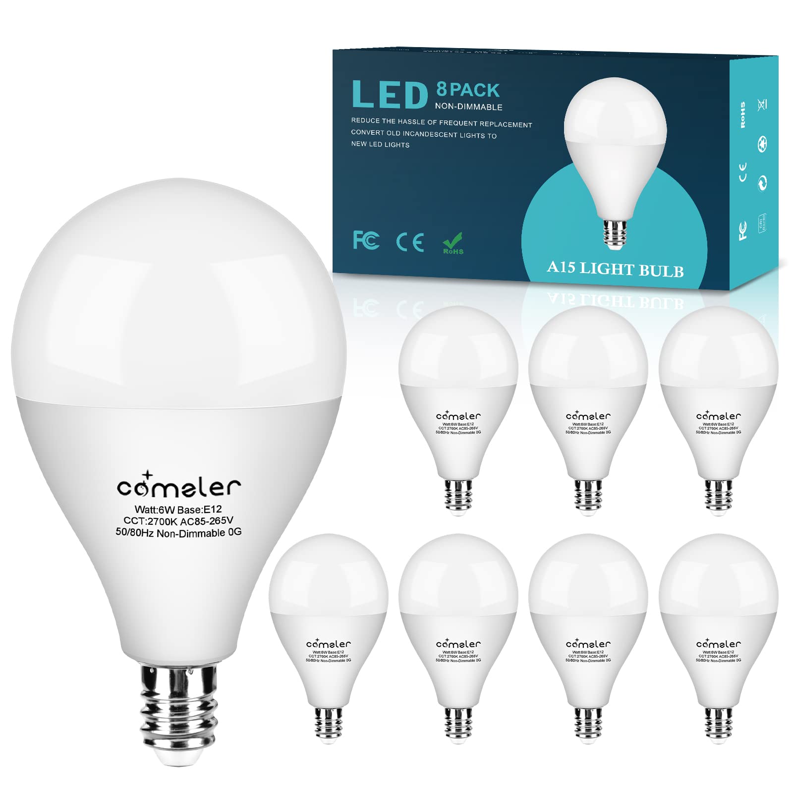 Comzler Ceiling Fan Light Bulbs E12 Small Base, A15 Led Bulb 2700K Soft Warm White Candelabra Led Bulb 6W (60Watt Equivalent), C