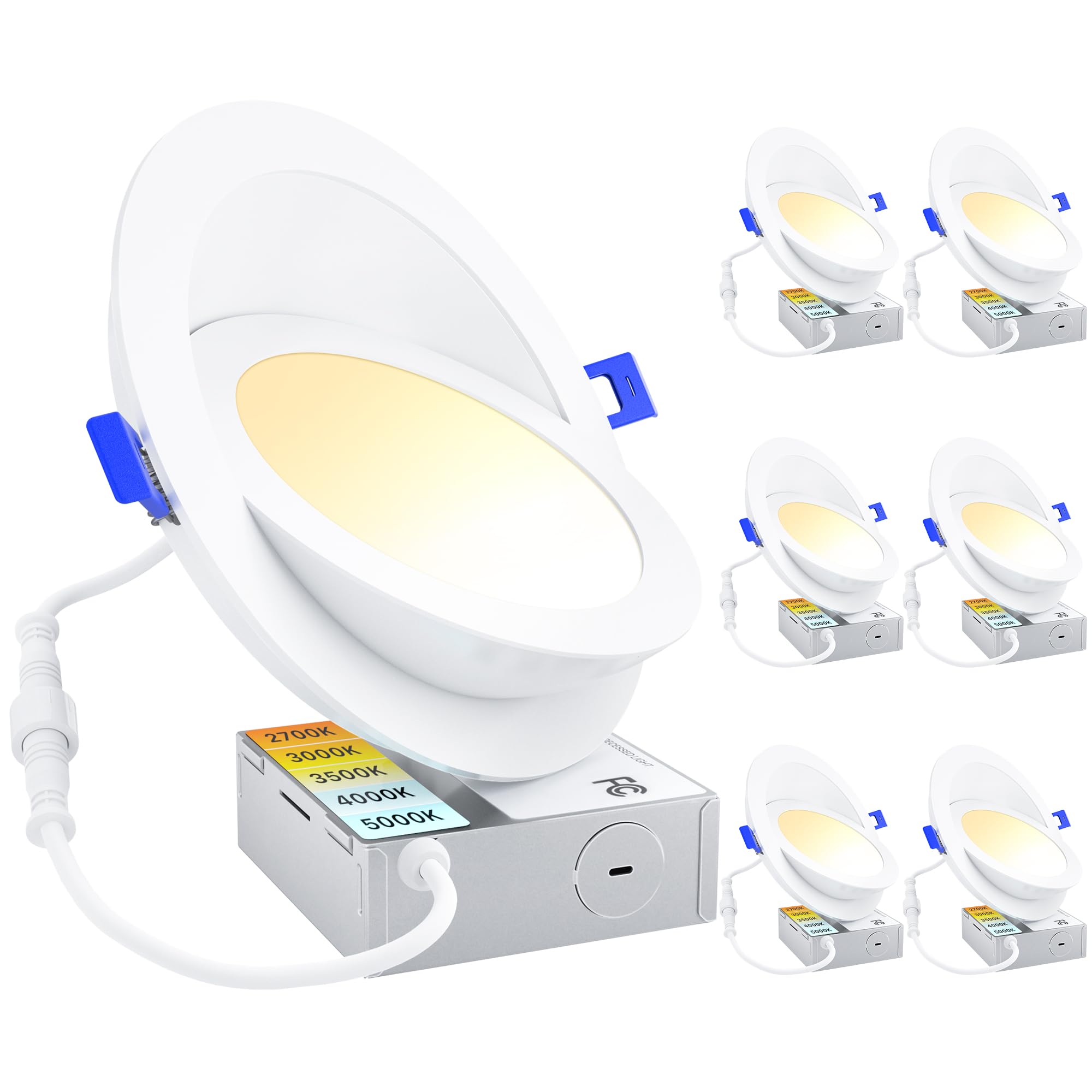 Ensenior 6 Inch LED Eyeball Recessed Lighting, Dimmable, 2700K-5000K, White, 1300LM, Aluminum, 360°+