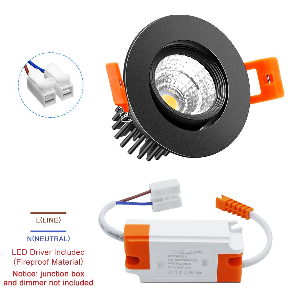 2Inch Led Recessed Ceiling Light, 3W Dimmable Led Downlight, Daylight White 5500K, 60 Beam Angle Cob Recessed Lights With Driver, 25W Halogen Bulbs Equivalent For Ceiling Lighting, Black 6Pack