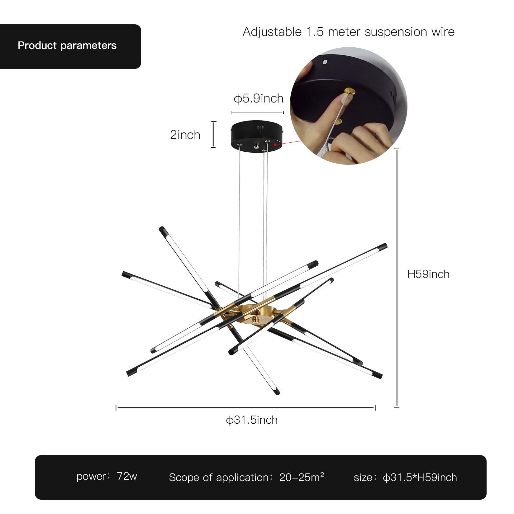 Modern Chandelier,Black And Gold Chandelier 12 Light Led Dimmable Pendant Lights,Easy To Install Ceiling Light 54W Linear Hangin